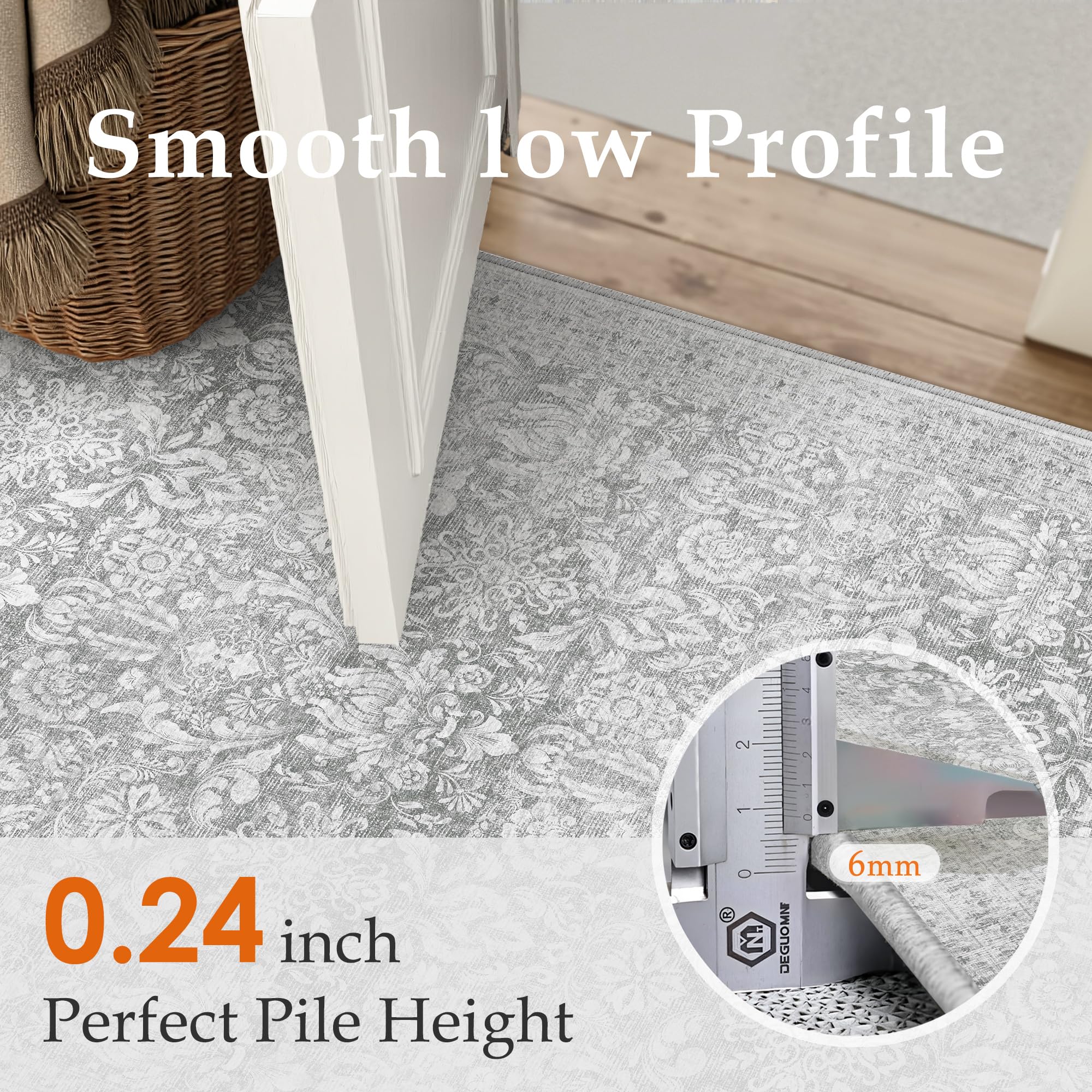 PureCozy 8x10 Area Rug Machine Washable Living Room Bedroom Vintage Distressed Non Slip Carpet Indoor Large Low Plie Thin Beige Dining Room Office Retro Accent Throw Rug: 2' x 3' (Rectangular) Vintage | Gray