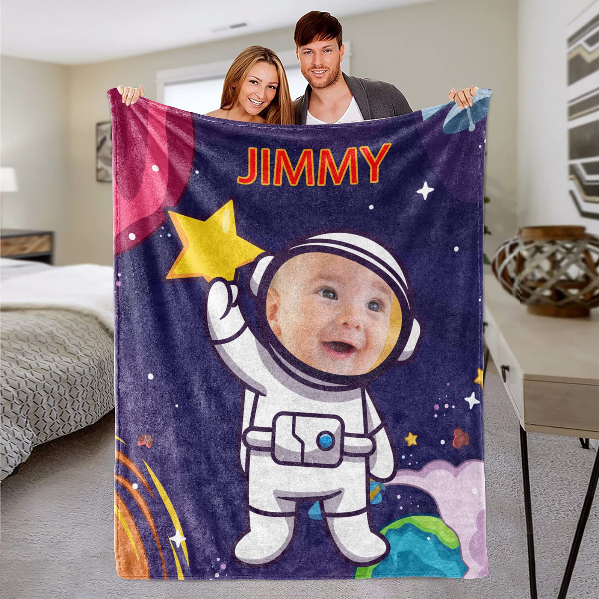 Manta personalizada con nombre de foto para niños, manta de astronauta del espacio exterior, regalo para niños, manta de bebé y niño, manta de imagen personalizada, manta personalizada con nombre
