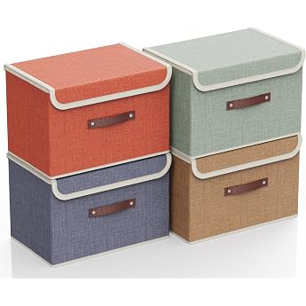 4-Piece Folding Fabric Storage Boxes with Lid and Handles Foldable Wardrobe Organisers & Clothes Baskets for Clothes Toys Books Photos 38 x 25 x 25 cm Four Colour Set