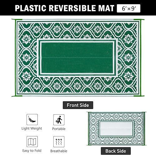 Miniatura 87 de HUGEAR Alfombra impermeable de plástico para exteriores, 5 x 8 pies, lavable, reversible, alfombra a rayas de arco iris, para camping, caravana