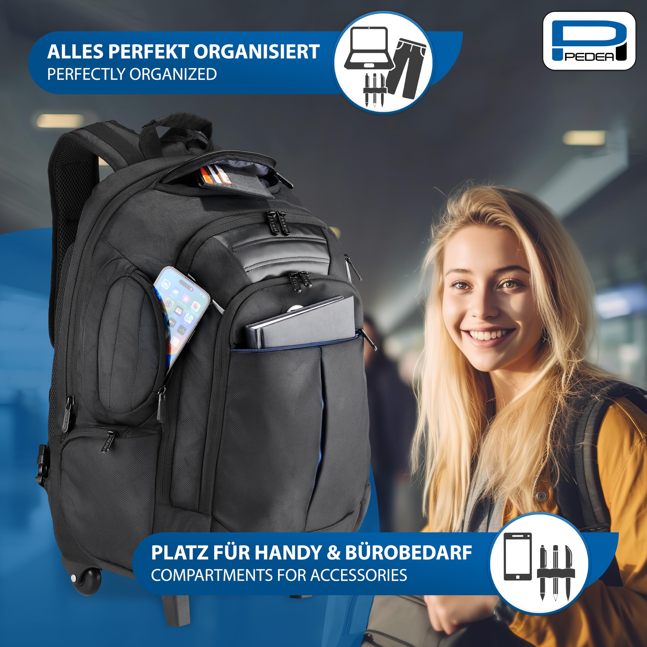 PEDEA Business Zaino Trolley “Premium” zaino per laptop fino a 17,3 pollici (43,9 cm) con scomparto per abbigliamento 24 ore e ruote, nero