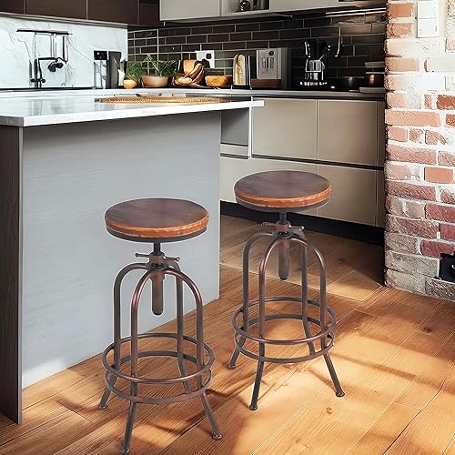 Juego de 2 taburetes de bar industriales, taburetes giratorios retro de 26 a 32.3 pulgadas, silla de cocina extra alta, altura de mostrador de barra