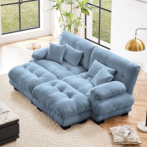Modular Sectional Sofa, Comfy Cloud Couch Oversized Loveseat with Ottoman, Sectional Couches for Living Room, Modern Chenille U Shaped Couch, Sleeper Deep Seat Sofa with Throw Pillows, Blue