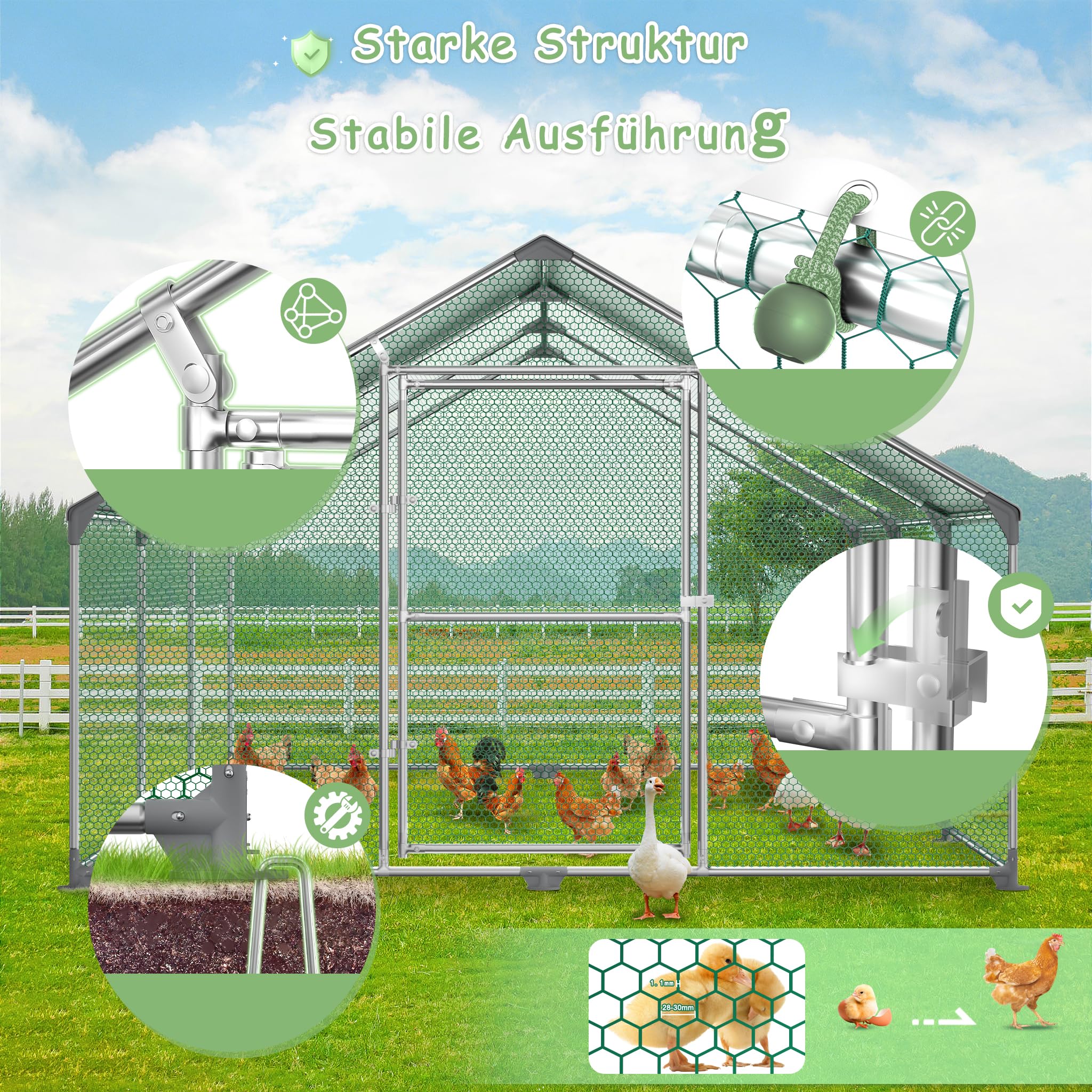 HENGMEI Kippenhok 3 x 4 x 2 m, vrijloophok voor kleine dieren, verzinkt staal, kippenhok met PE-dak, buitenren met slot, gevogeltestal