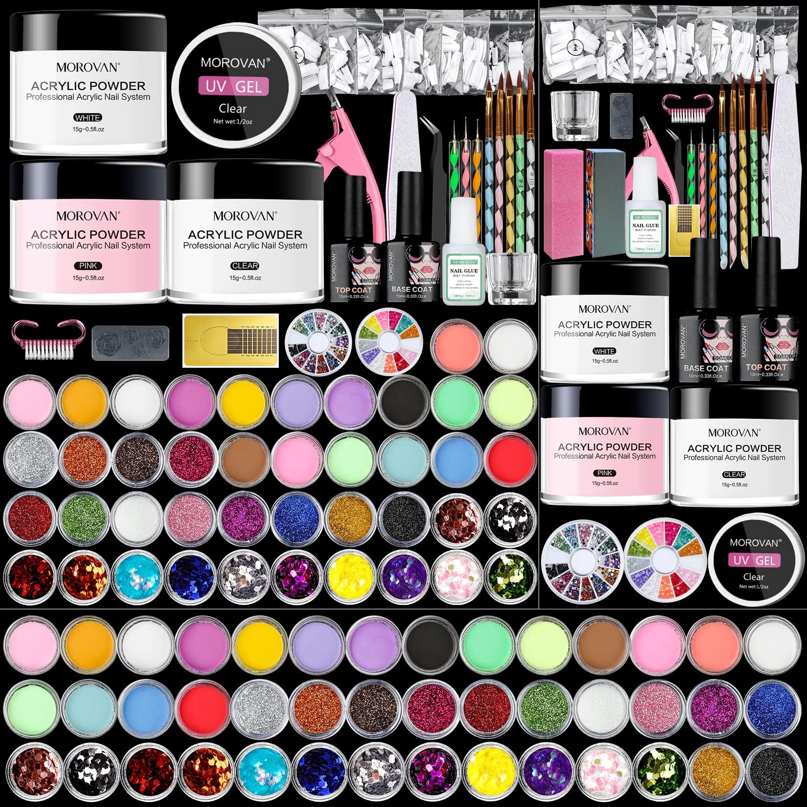 42 in 1 Acrylic Nail Art Set Acrylic Powder and Liquid Set Glitter Brush Nail Tips Nail Art Tools Kit Set Nail Art Decoration Tools Professional Manicure Set