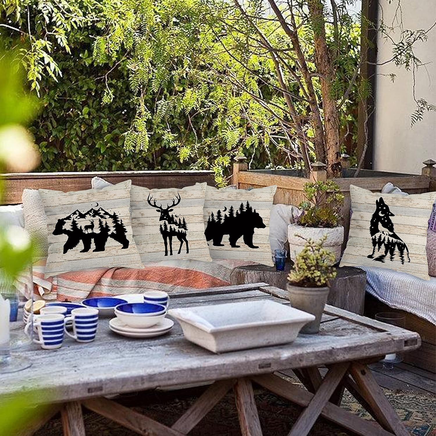 Woodland Wild Animal Wolf Elk Bear Deer Forest Camping Throw Pillow Covers, Wildlife Lover Camper Gifts for Men Women, Wildlife Rustic Pillow Cases 18 x 18 Inch Home Room Bed Sofa Decor Set Of 4