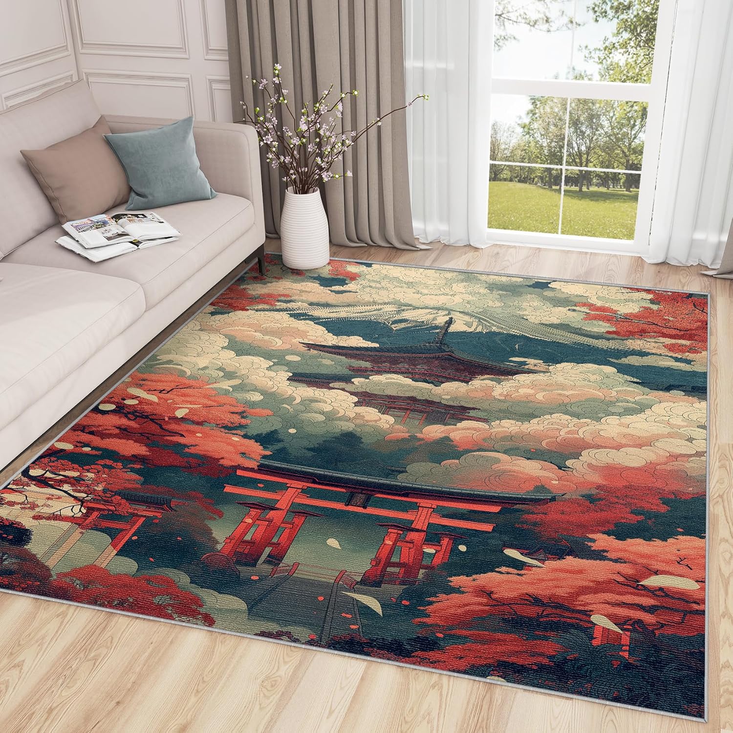 Japanese Rugs for Living Room - 2x3 Rug - Japanese Rug - Japan Landscape Area Rug - Japanese Torii Scenic Rugs - Asian Oriental Carpet - Home Decor