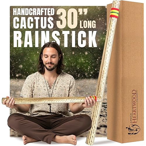 Africa Heartwood Project 30" Cactus Rainstick from Chile - Authentic Handcrafted Rain Stick Musical Instrument with Rasta Yarn Wrap and Durable Sealant