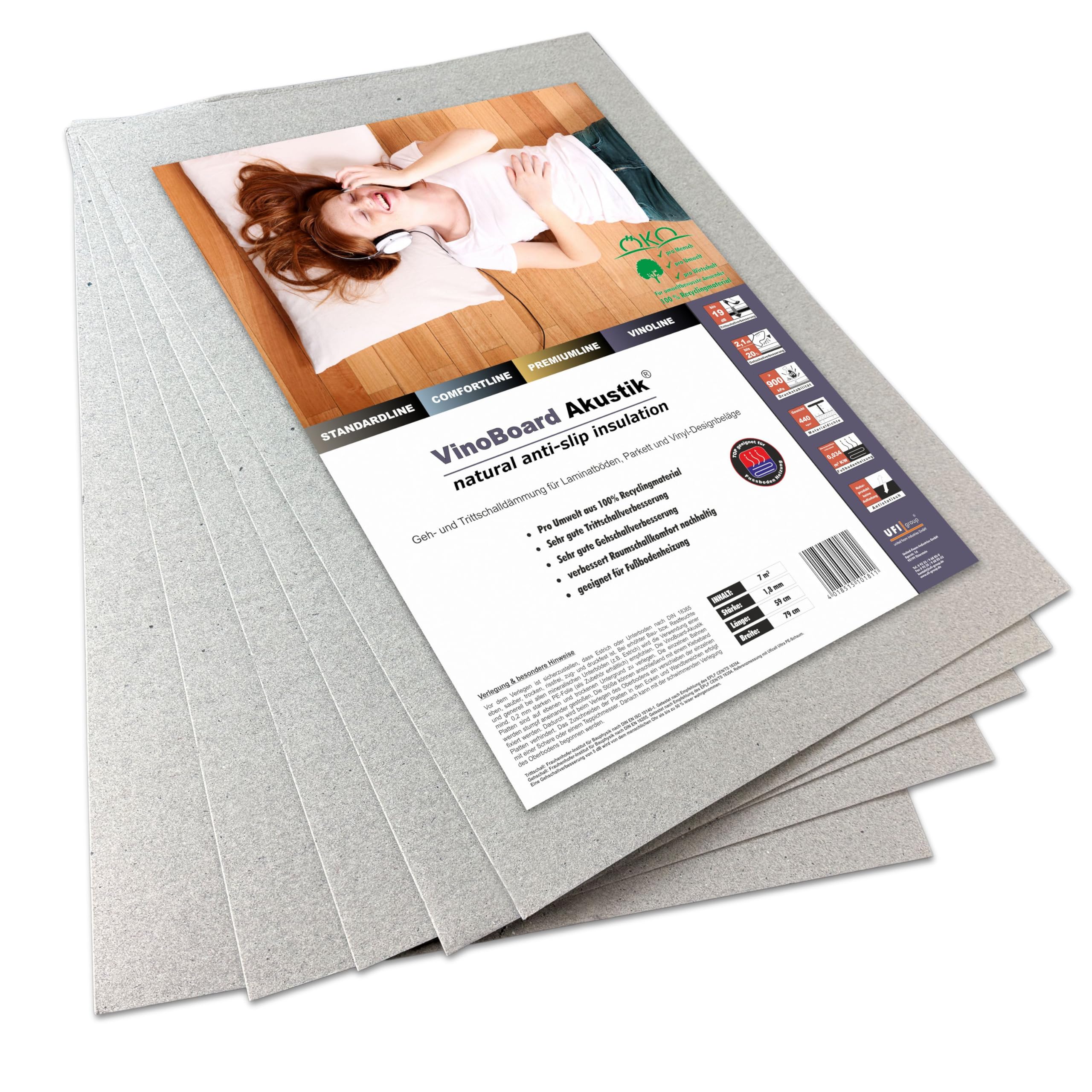 uficell® Vinoboard Akustik Vinyl Trittschalldämmung für Vinyl-/LVT Designböden mit anti-slip Effekt 1,8 mm stark - Die Ideale Unterlage für Vinyl-/LVT Klick Böden (4 Pakete - 28 m²)