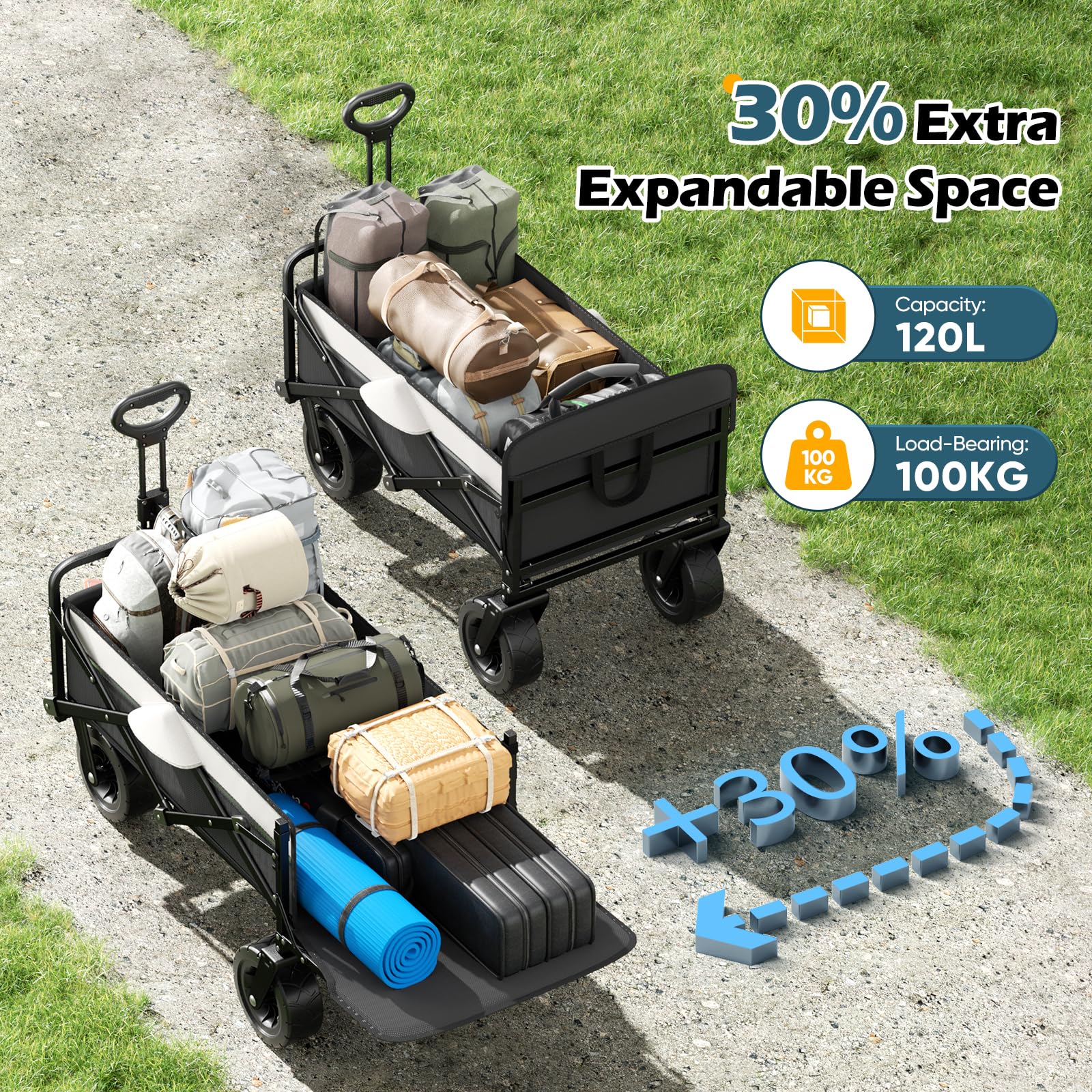 Carrello da Giardino 120L - Pieghevole con Maniglia Regolabile per Campeggio, Picnic all'Aperto e Spiaggia