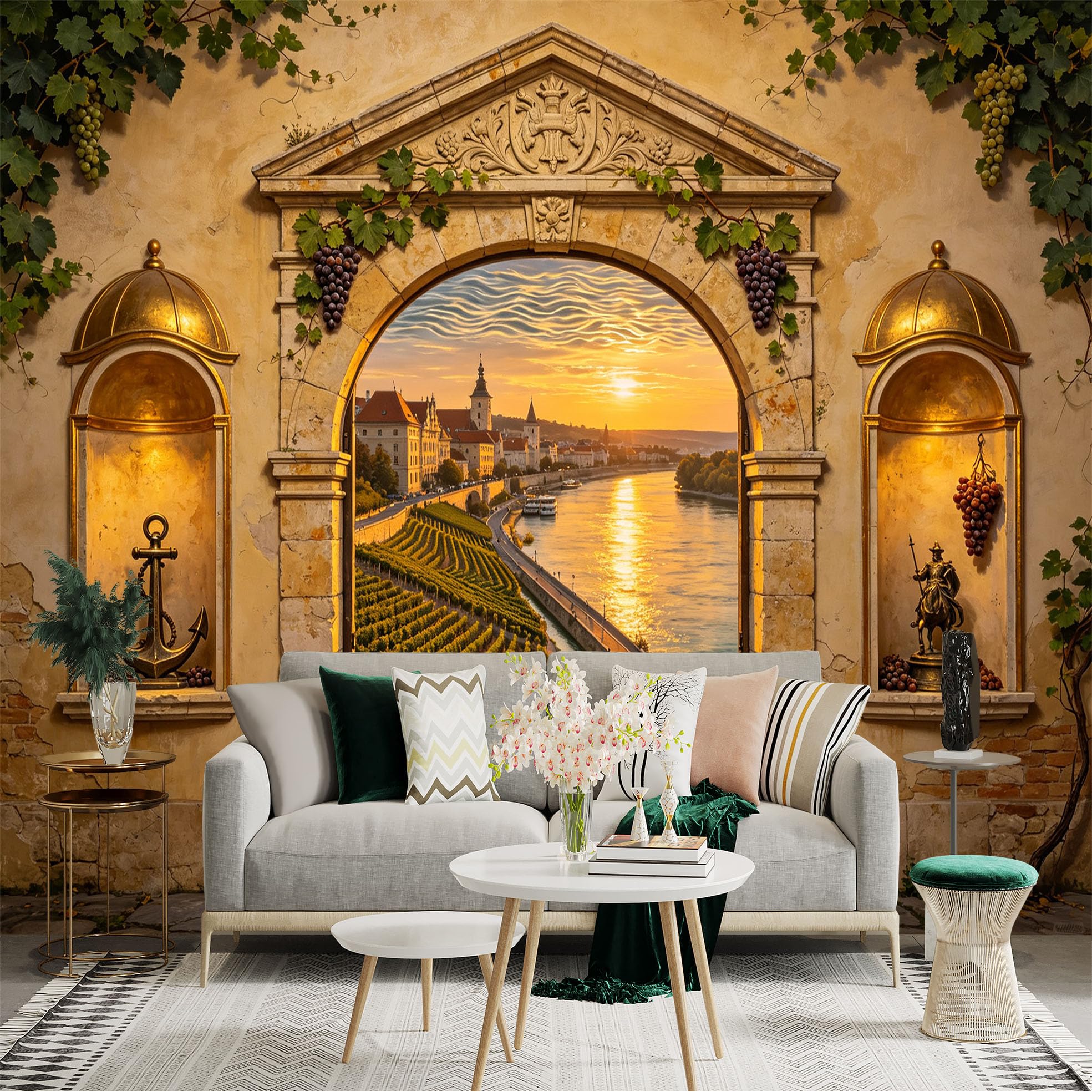 Custom Size Wall Sticker Mural， Sunset River Vineyard Archway， European Town Landscape， for wall Decoration， peelandstick wall Decals.
