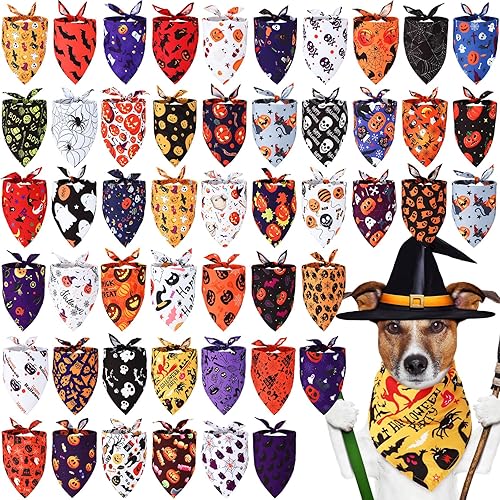 Xuniea Paquete de 50 bandanas de Halloween para perro, bufanda grande para perro, pañuelo, accesorios para cachorros medianos y pequeños, disfraz de