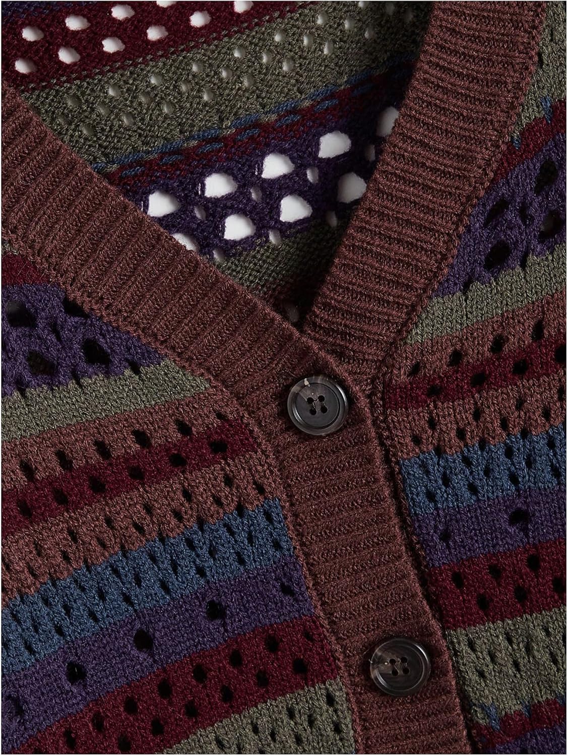 MakeMeChic Women's Crochet Striped Cardigan Long Sleeve V Neck Button Down Vintage Sweaters - Image 4