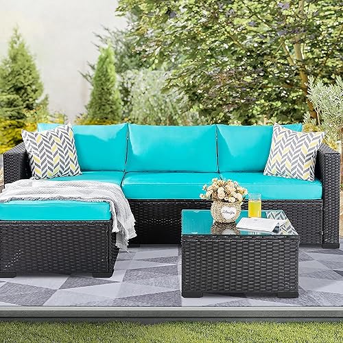 Miniatura 10 de Shintenchi Juego de muebles de patio de 3 piezas, juego de conversación de patio seccional de mimbre negro para exteriores, sofá de patio de ratán