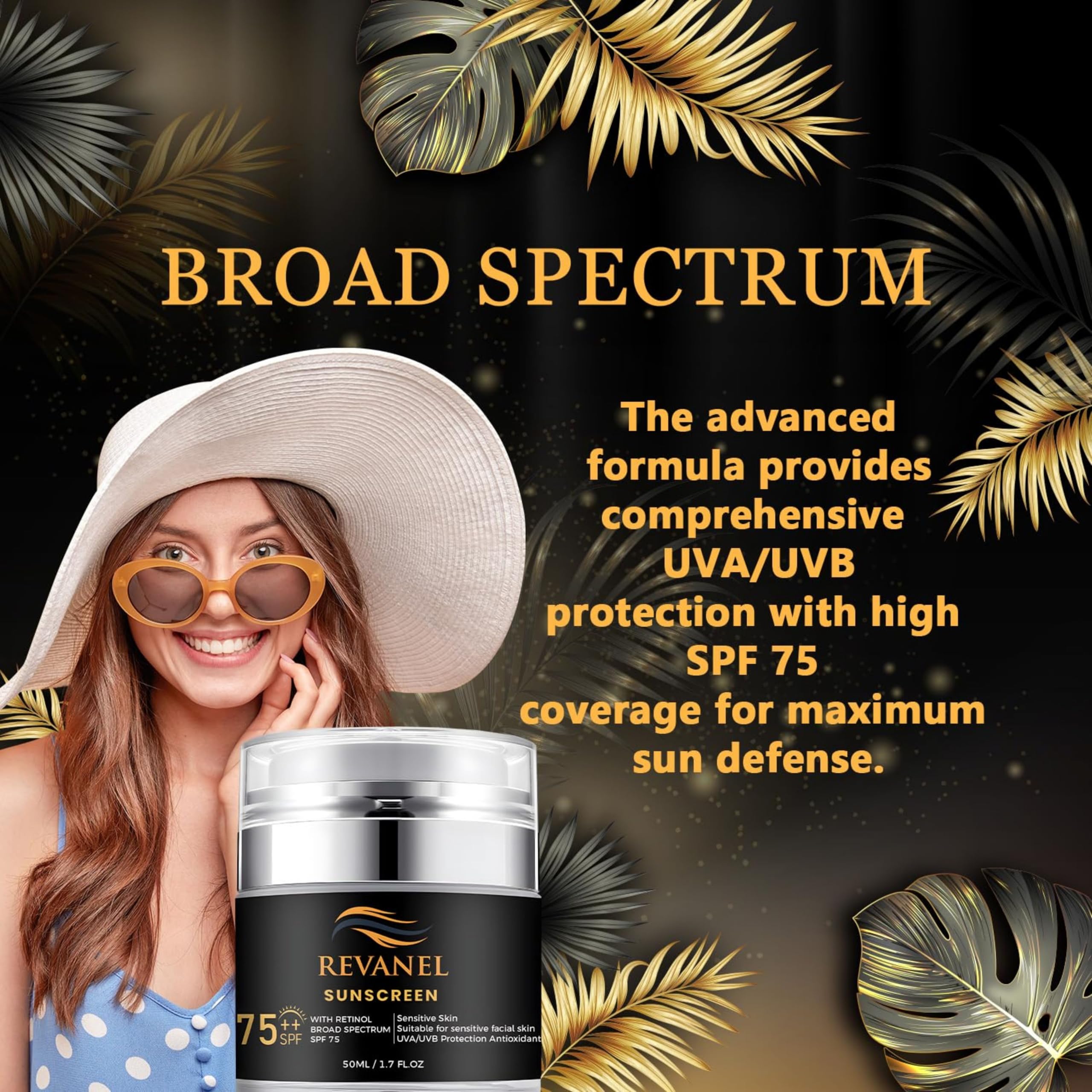 REVANEL Sunscreen with Retinol, SPF 75, Broad Spectrum Advanced Formula for Maximum Sun Defense UVA/UVB Protection, Formulated Specifically for Sensitive Skin, 1.7 fl oz