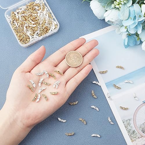 Miniatura 3 de PandaHall - 200 cuentas de ala de ángel, cuentas espaciadoras de alas de hada de aleación tibetana dorada plateadas para decoración de boda,