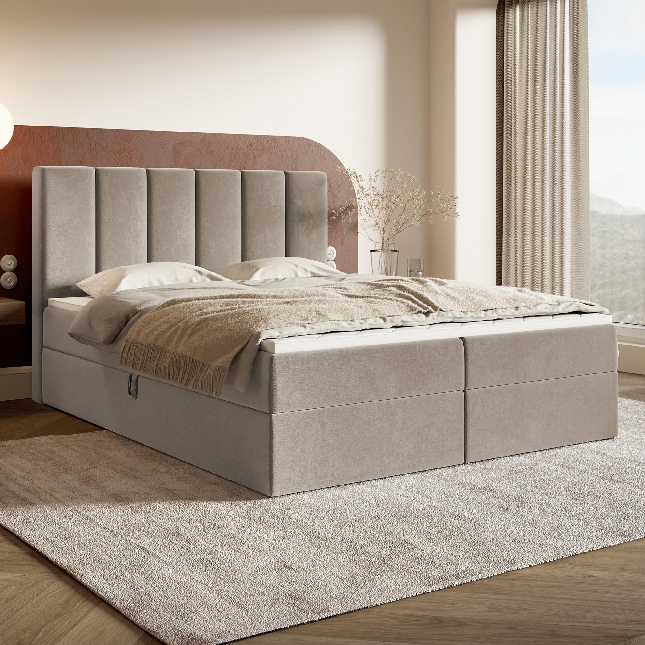 MOTIVENA Santiago Boxspringbett 180x200 Beige Samt, mit Taschenfederkern-Matratze (H3), mit T28 Komfortschaumstoff Topper (H3), Boxspringbett 180x200 mit Bettkasten Beige (Dunkelbeige)