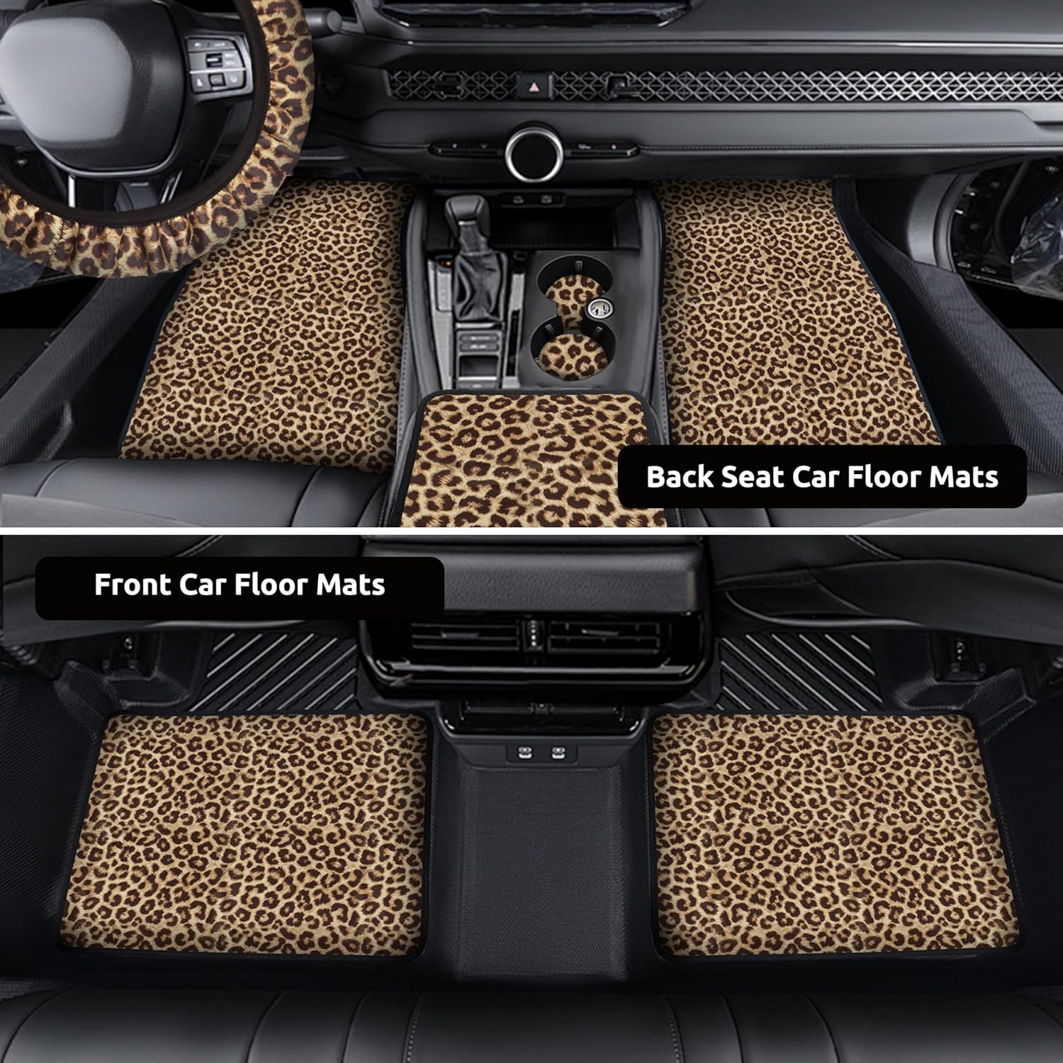21 Pcs Leopard Print Printing Car Seat Cover Full Set,Car Steering Wheel Cover Center Console Armrest Pad Headrest Seat Belt Cover Handbrake Cover Keychain And Foot Mat Full Set Car SUV(Brown)