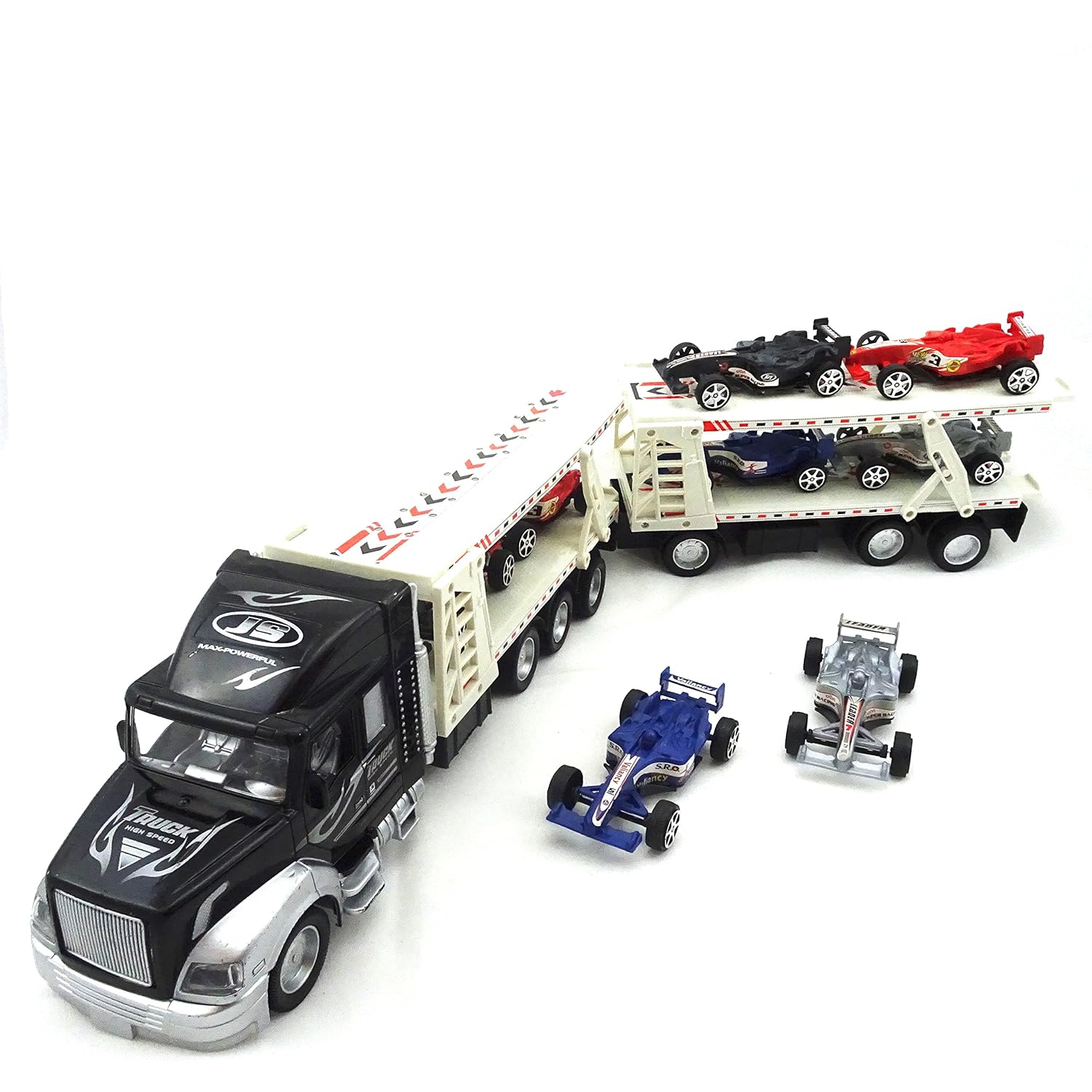 Vokodo Friction Powered Toy Semi Truck Trailer With Four Formula Race