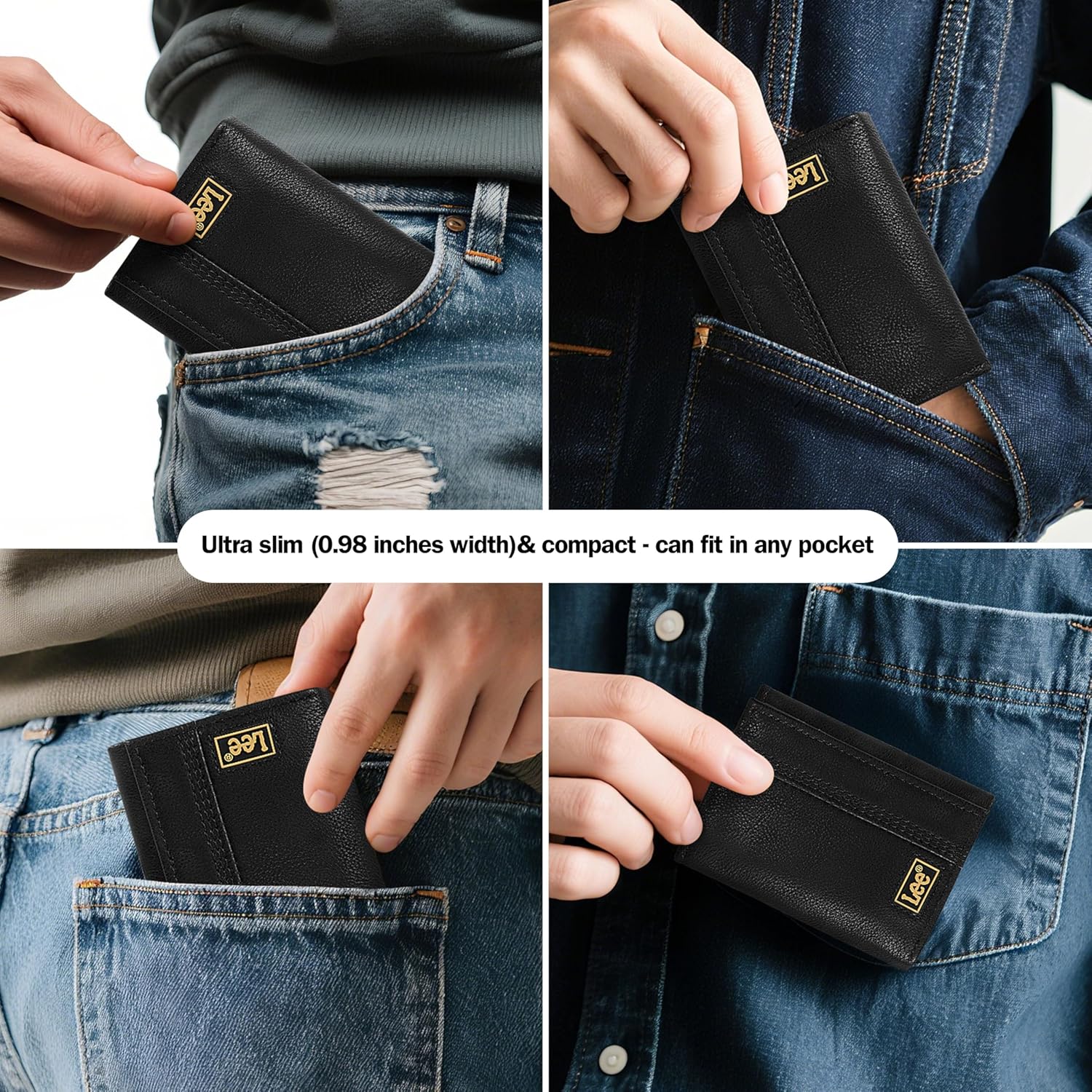 Lee Men’s Trifold Wallet, Pebble Grain Leather Wallet with Flip ID Window - Image 5