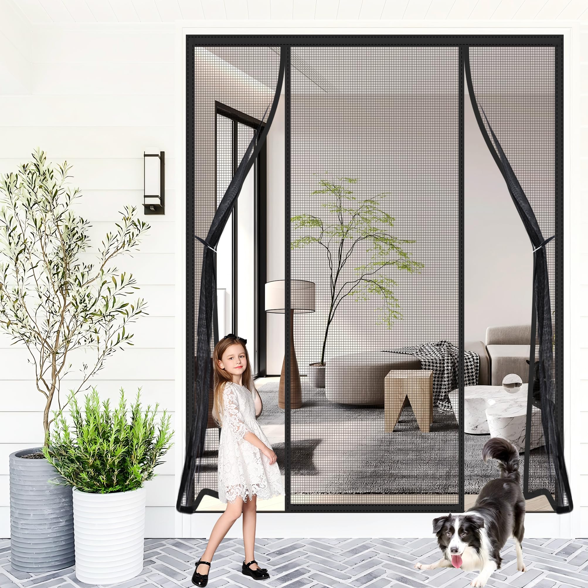 Wlmldm Black Double Side Openings Fly Screens For Doors 145X200cm Reinforced Top Middle Anti-Tearing Mosquito Net Curtainwith Magnets Close Automatically For Balcony Patio Living Room Cellar