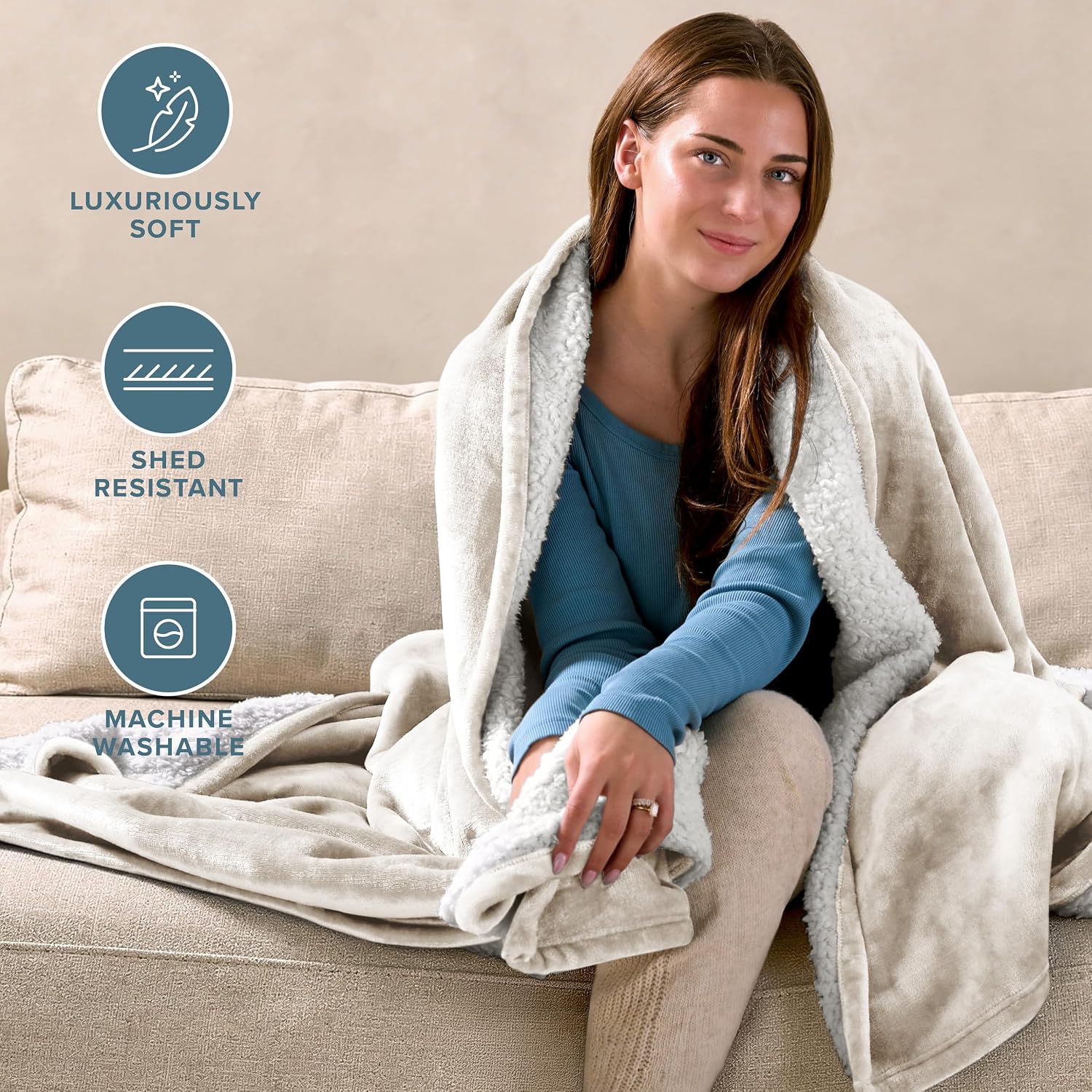 Bare Home Sherpa Fleece Blanket - King Size - Blanket for Bed, Sofa, and Couch - Warm & Lightweight - Fluffy & Soft - Reversible (King, Cream)