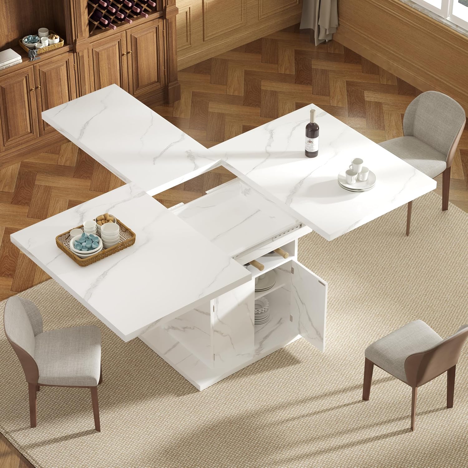 Extendable Dining Room Table for 4-6, 47-63 Inch Rectangle Kitchen Dining Table with Storage, Expandable Modern Rectangle Dinner Table with Faux Marble Top for Kitchen, Dining Room, White Faux Marble