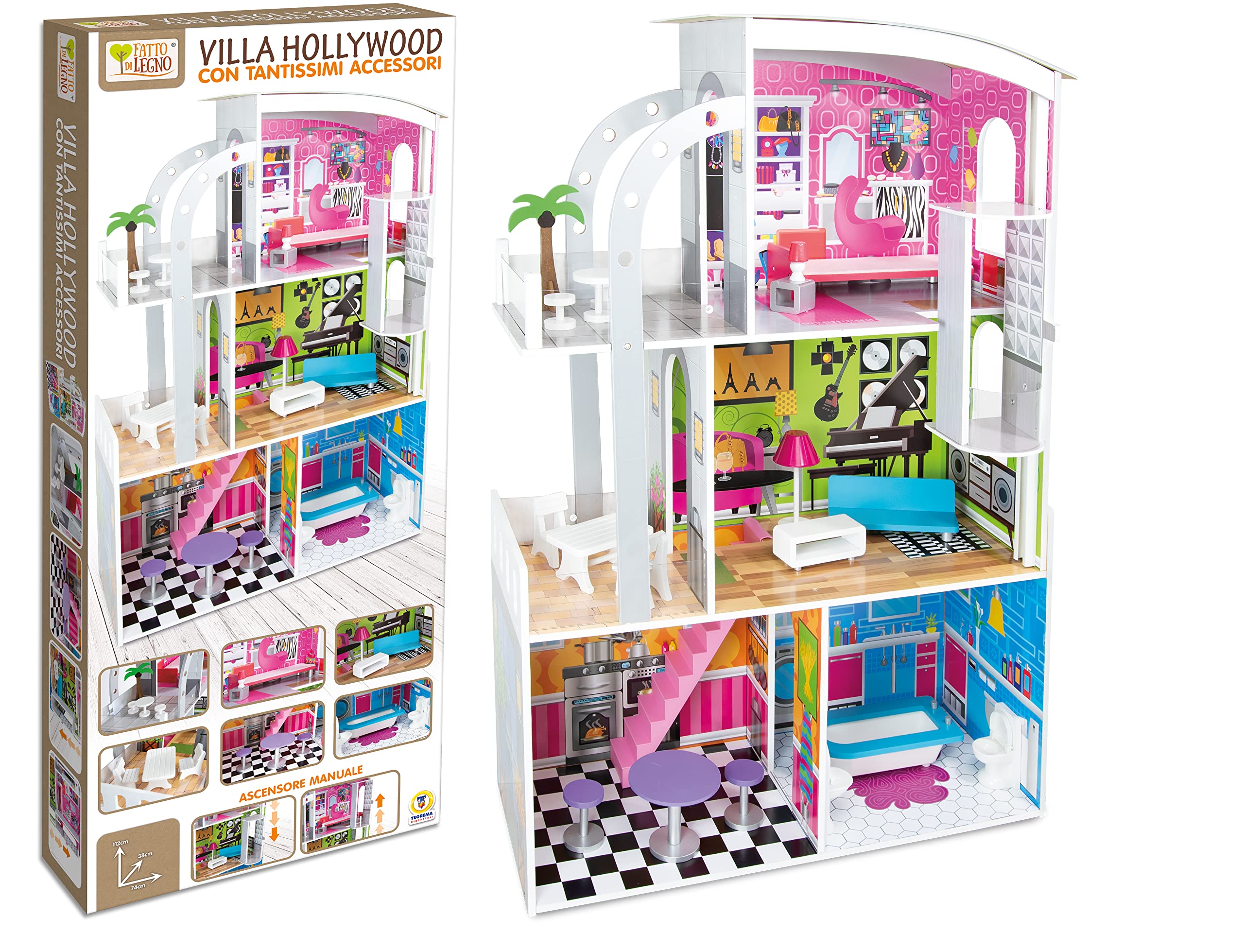 Teorema 40642 - Casa per le bambole Tema Hollywood, 4 stanze, con Accessori in legno, Ascensore Manuale, Altezza 110cm