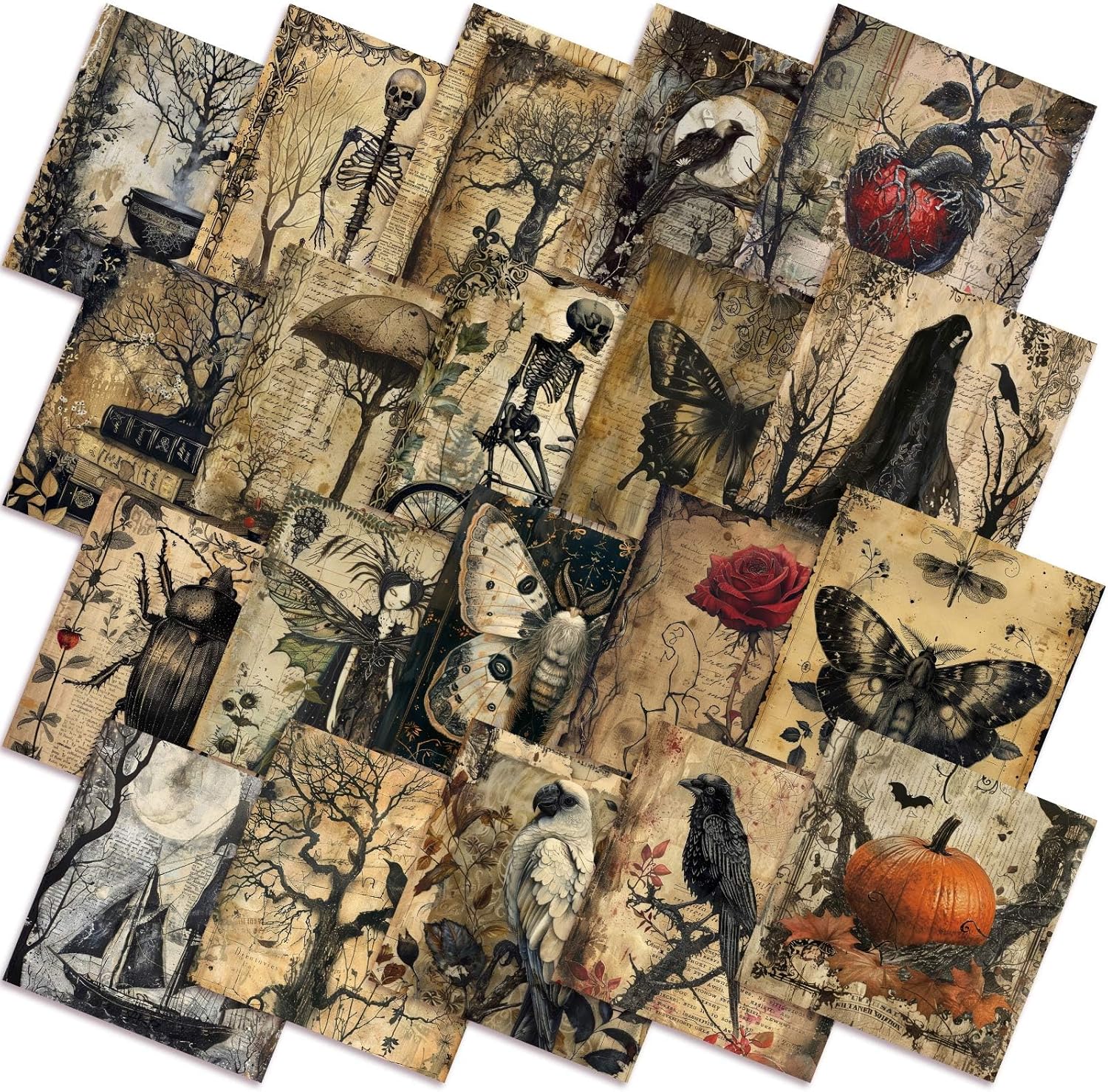 Ganeen 60pcs 10x10 Inch Vintage Halloween Quilting Fabric Squares - Retro Skull Crow Rose Precut Bundles for DIY Crafts Quilts