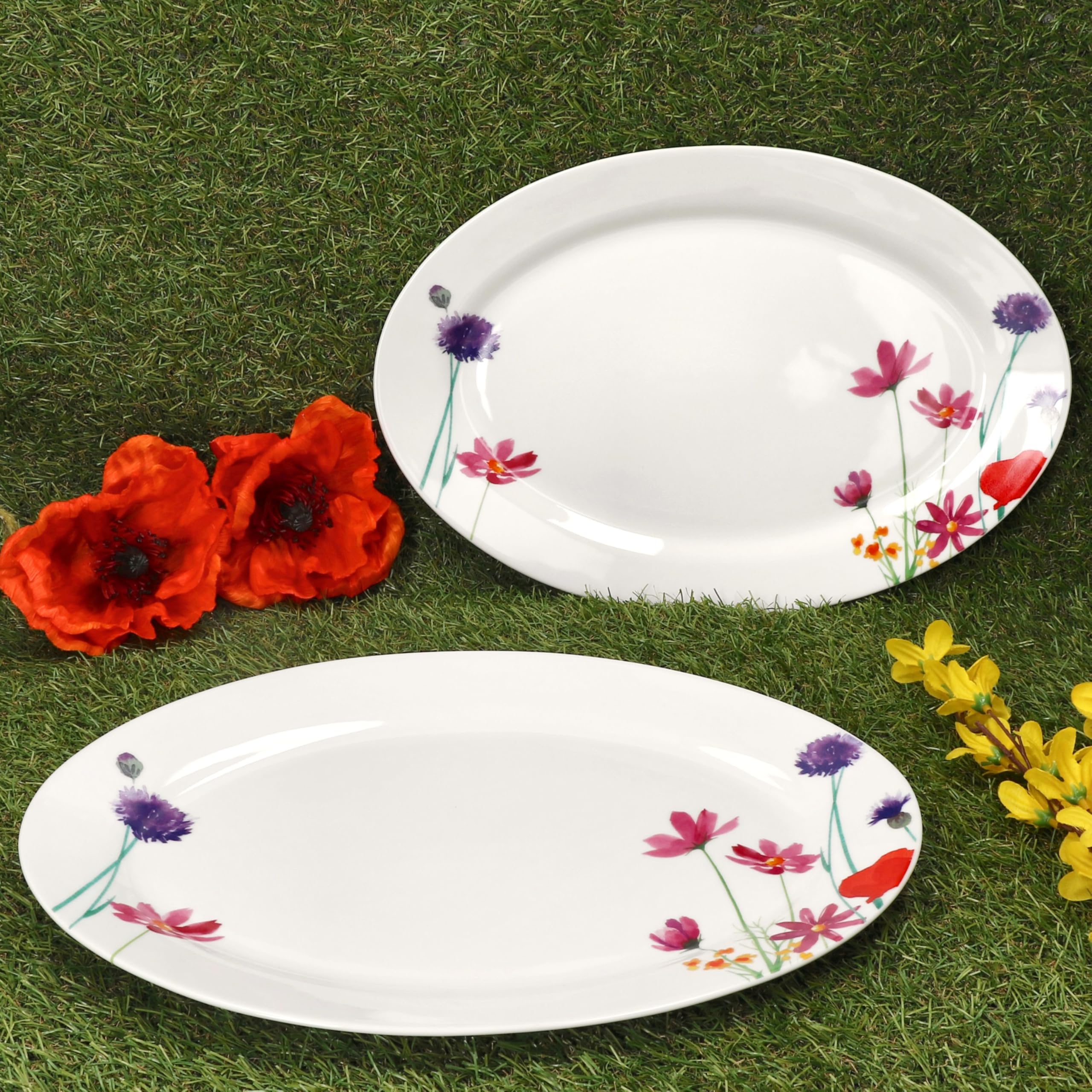 MamboCat Marie Set di 2 piatti da portata ovali, 35,5 x 24,3 cm, piatti allungati in porcellana con decorazione prato floreale, per sushi, antipasti, tapas & Co. I piatto antipasti