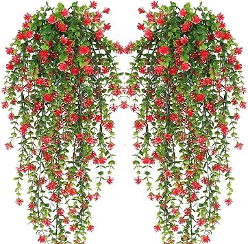 Artificial Hanging Flowers, 2 Pcs Hanging Plants Flower Bouquet, Red