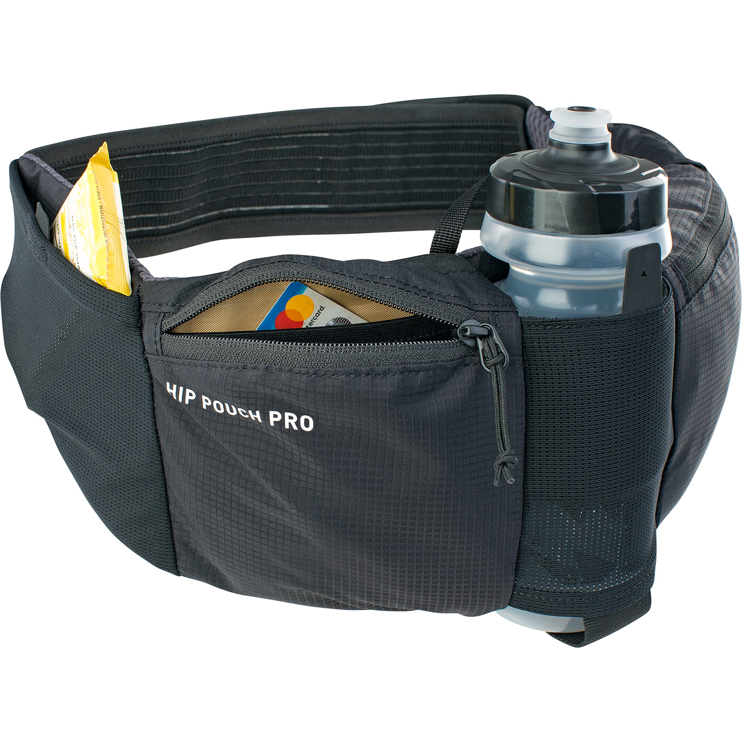 Torba biodrowa EVOC HIP POUCH PRO na wycieczki rowerowe (saszetka z regulowanymi paskami, w tym bidon 550 ml, 2 kieszenie na pasie biodrowym, idealna saszetka na narzędzia, pojemność: 1,5 l), czarny