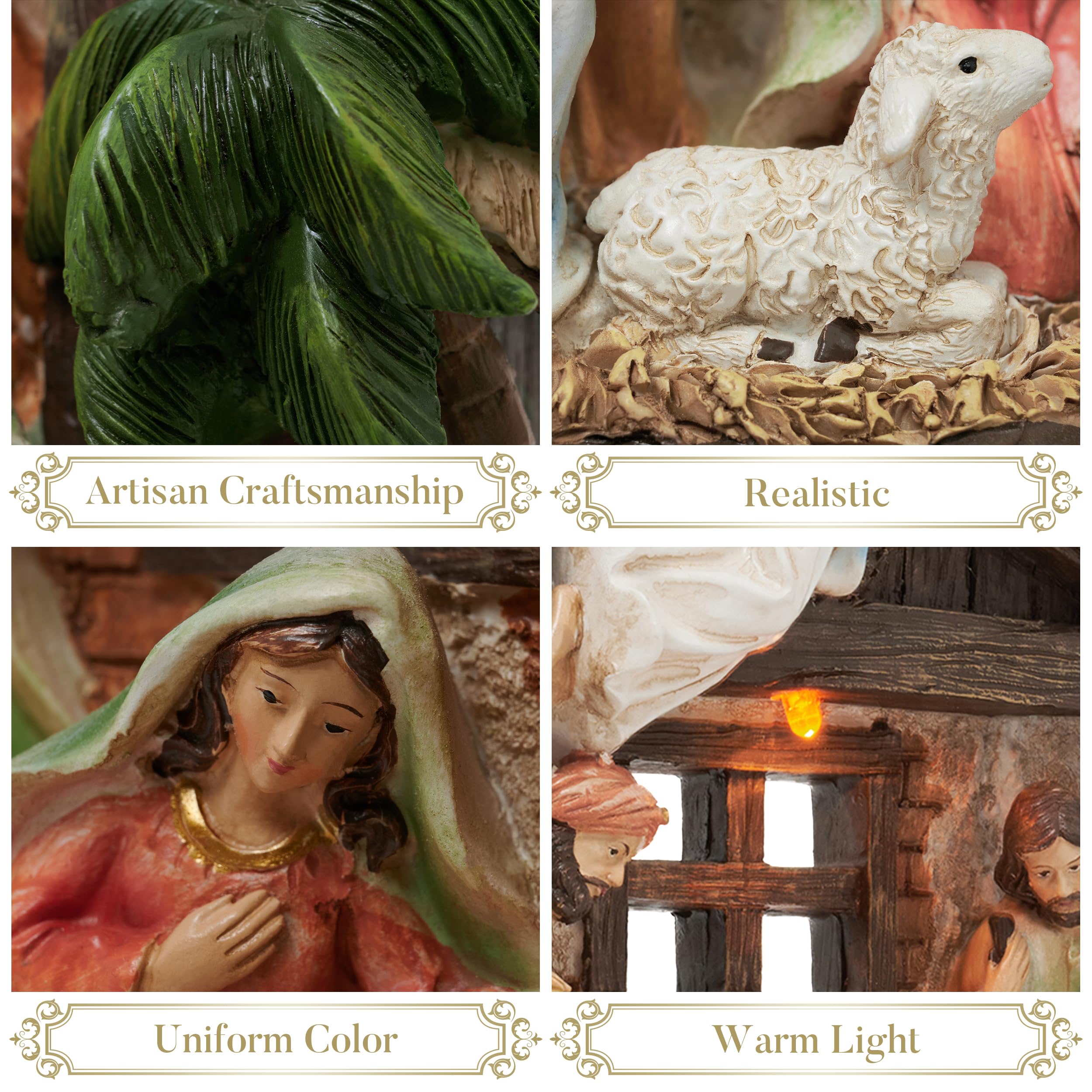 Valery Madelyn Figurines de crèche de Noël avec lumières LED - Grande crèche de Noël - Rouge, vert et blanc - Mangeoire en résine pour Noël, intérieur, maison, table, cheminée, décorations de