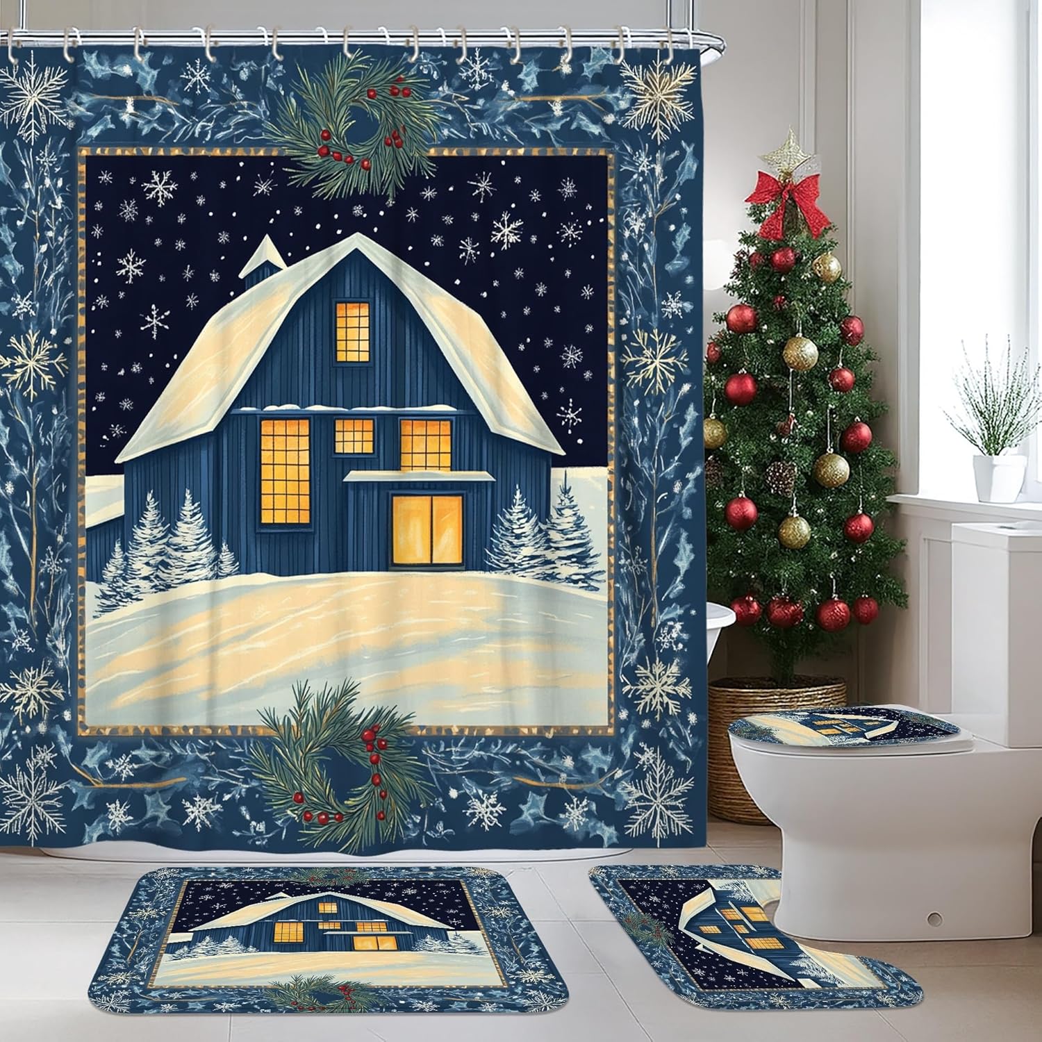 4PCS Winter Farmhouse Christmas Bathroom Sets with Non-Slip Rug, U Shape Toilet Lid Cover Mat, Country Barn Xmas Scenic Bathroom Decoration 72''x72''
