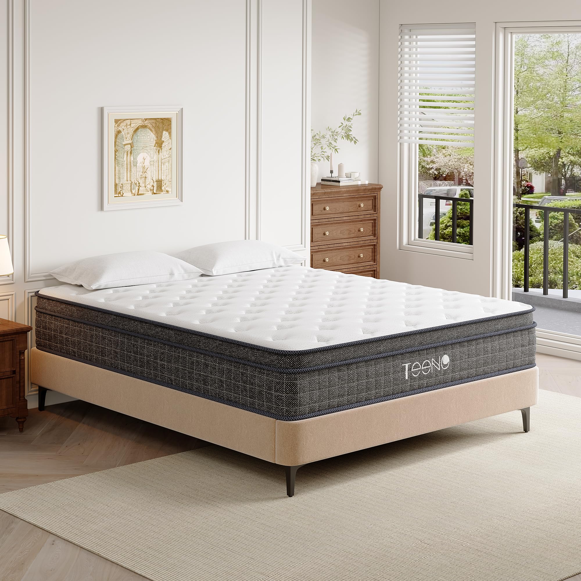 TEENO Queen Mattress 14 Inch, Hybrid Mattresses Queen Size in a Box, Medium Firm Memory Foam and Individual Pocket Springs, Fiberglass Free Bed