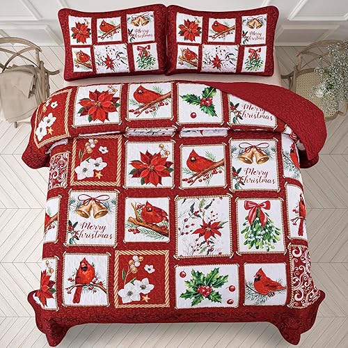 Miniatura 3 de Juego de edredón de Navidad, tamaño King, con estampado rojo, Papá Noel, muñeco de nieve, colcha de microfibra suave con 2 fundas de almohada para