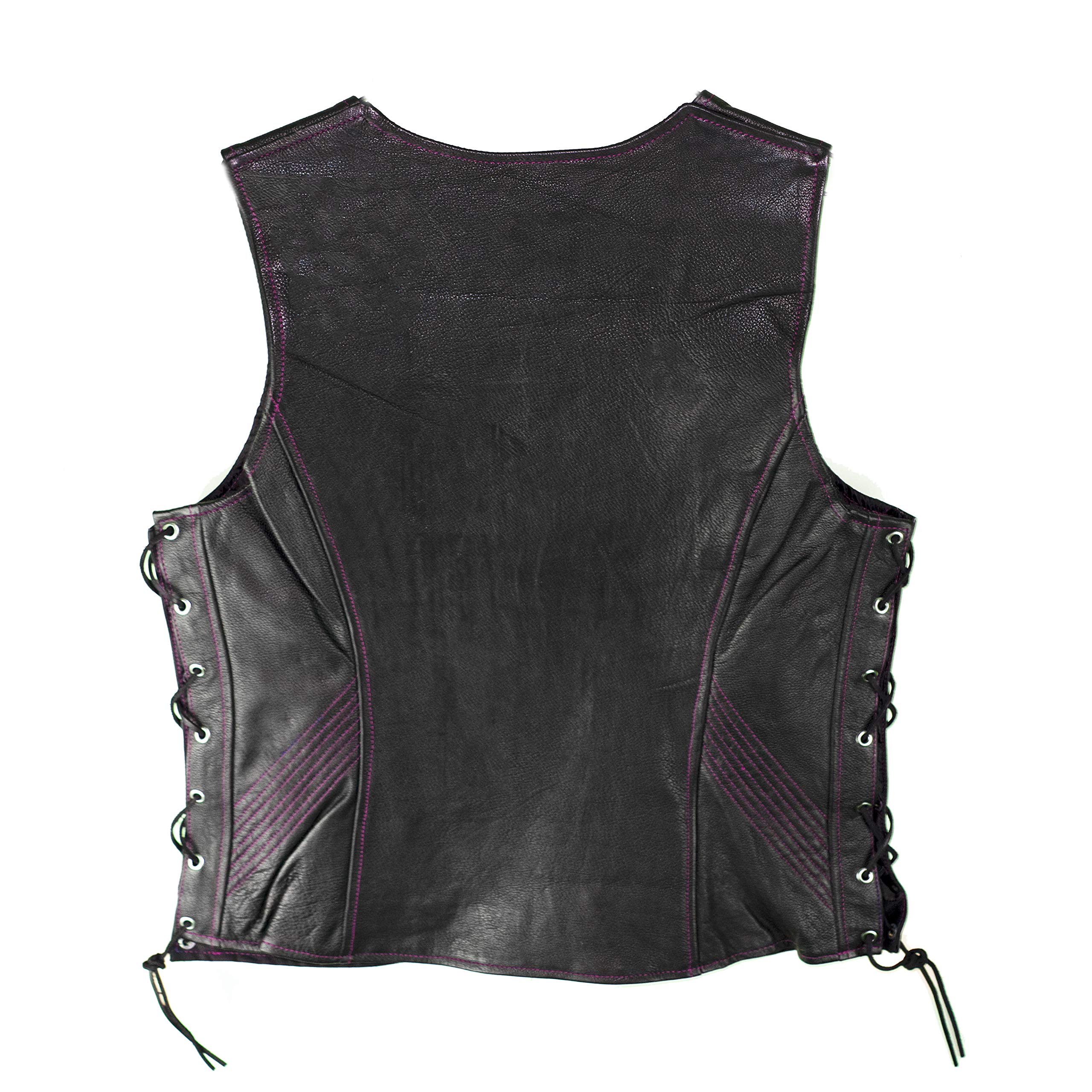 IKLeather Women Biker Club Leather Vest (Pink Stitching, XXL)