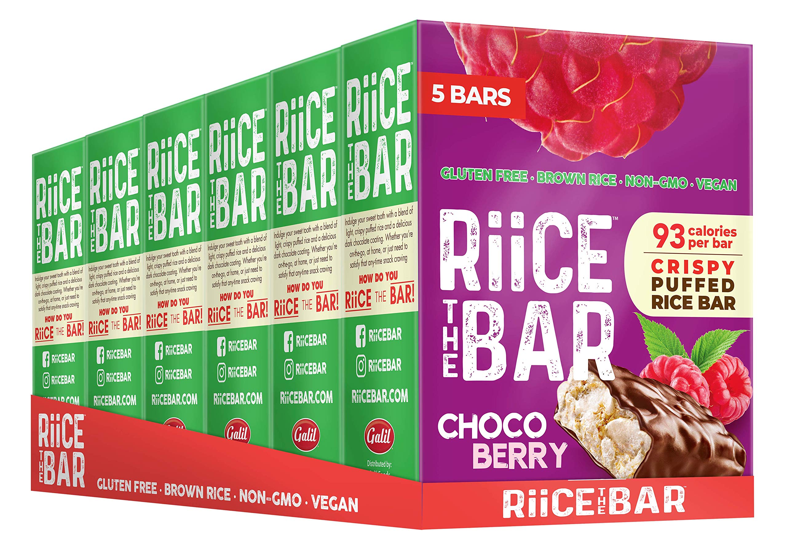 RiiCE THE BARCrispy Puffed Rice Bar | Real Chocolate Coated | Gluten Free | Vegan | Dark Choco Berry | 5 Bar Pack x 6 Boxes