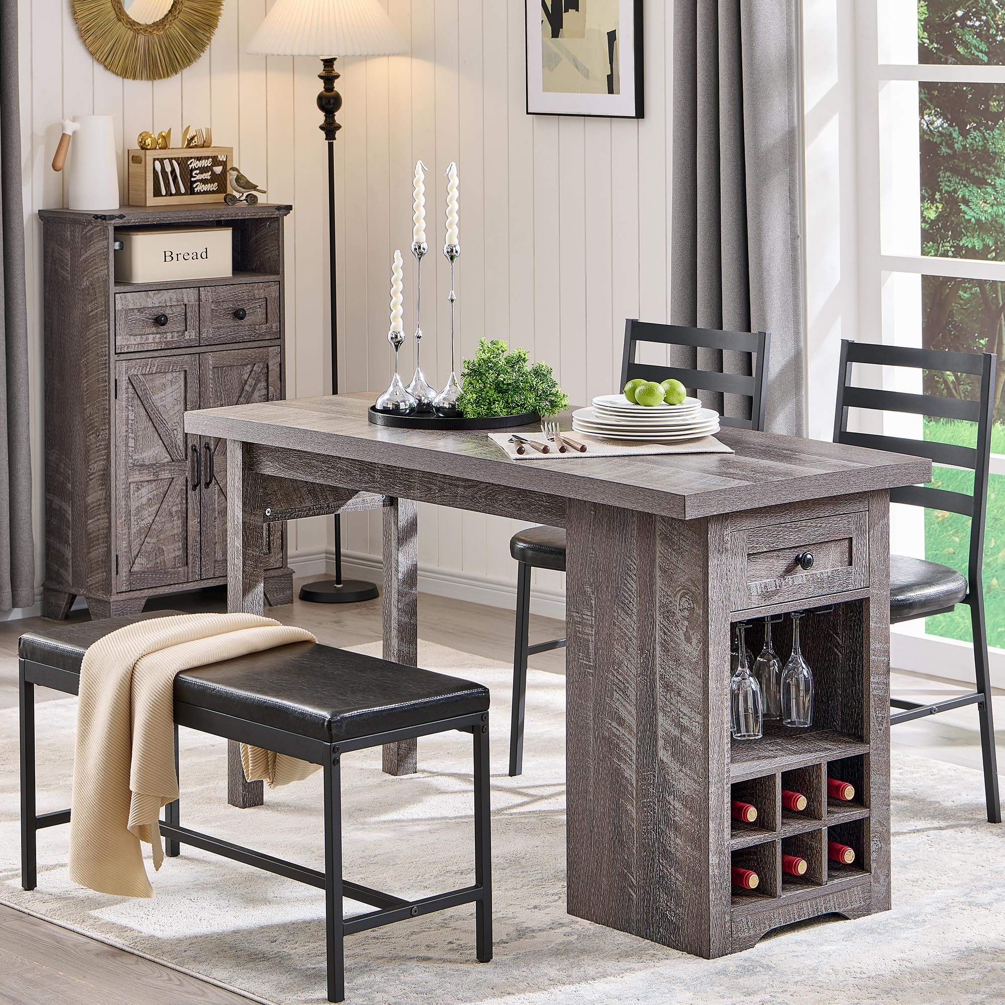 Farmhouse Dining Table Set for 4, 55" Large Kitchen Table Set with 2 Chairs and Bench, Rustic Wood Dining Bar Table with Drawer and Wine & Galsses Rack (Grey)