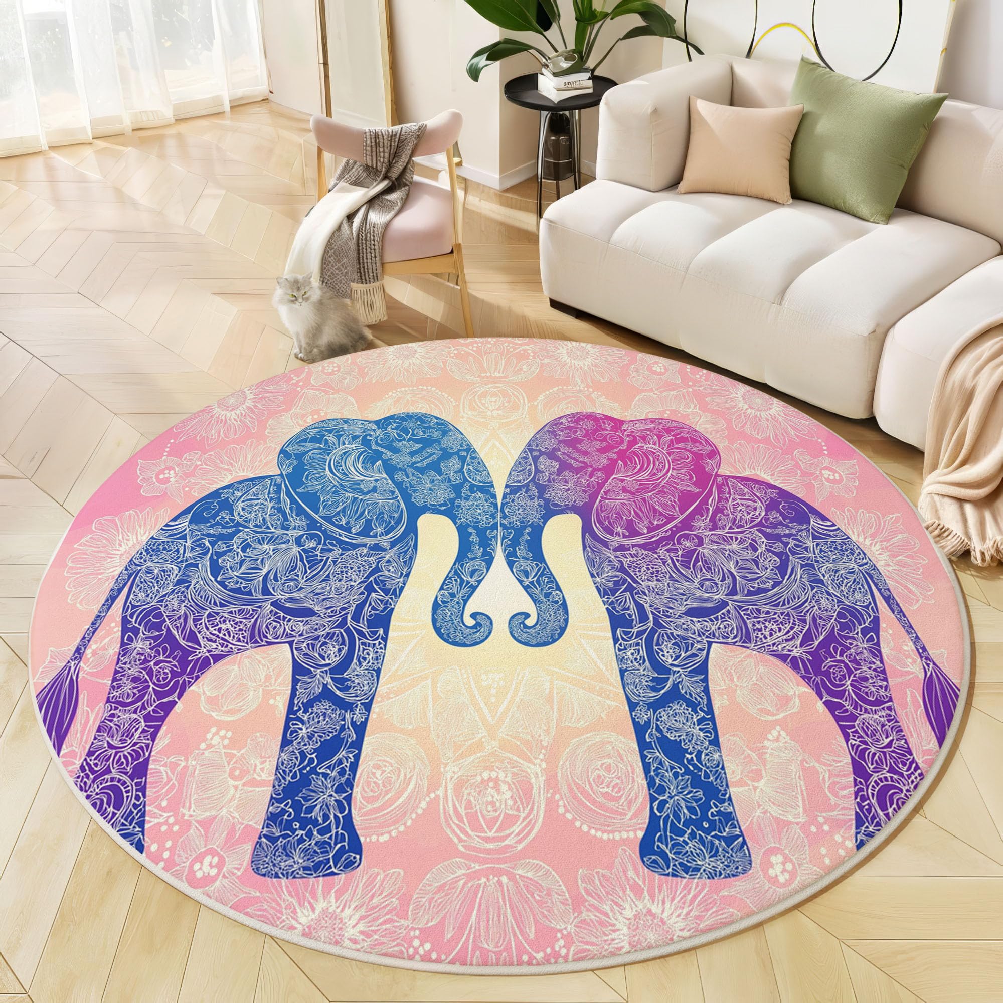 Tapis Rond Mandala Éléphant 160 cm, Tapis à Poils Courts Style Bohème Lavable en Machine Antidérapant Décoratif Rond pour Salon Chambre Salle à Manger, Rose