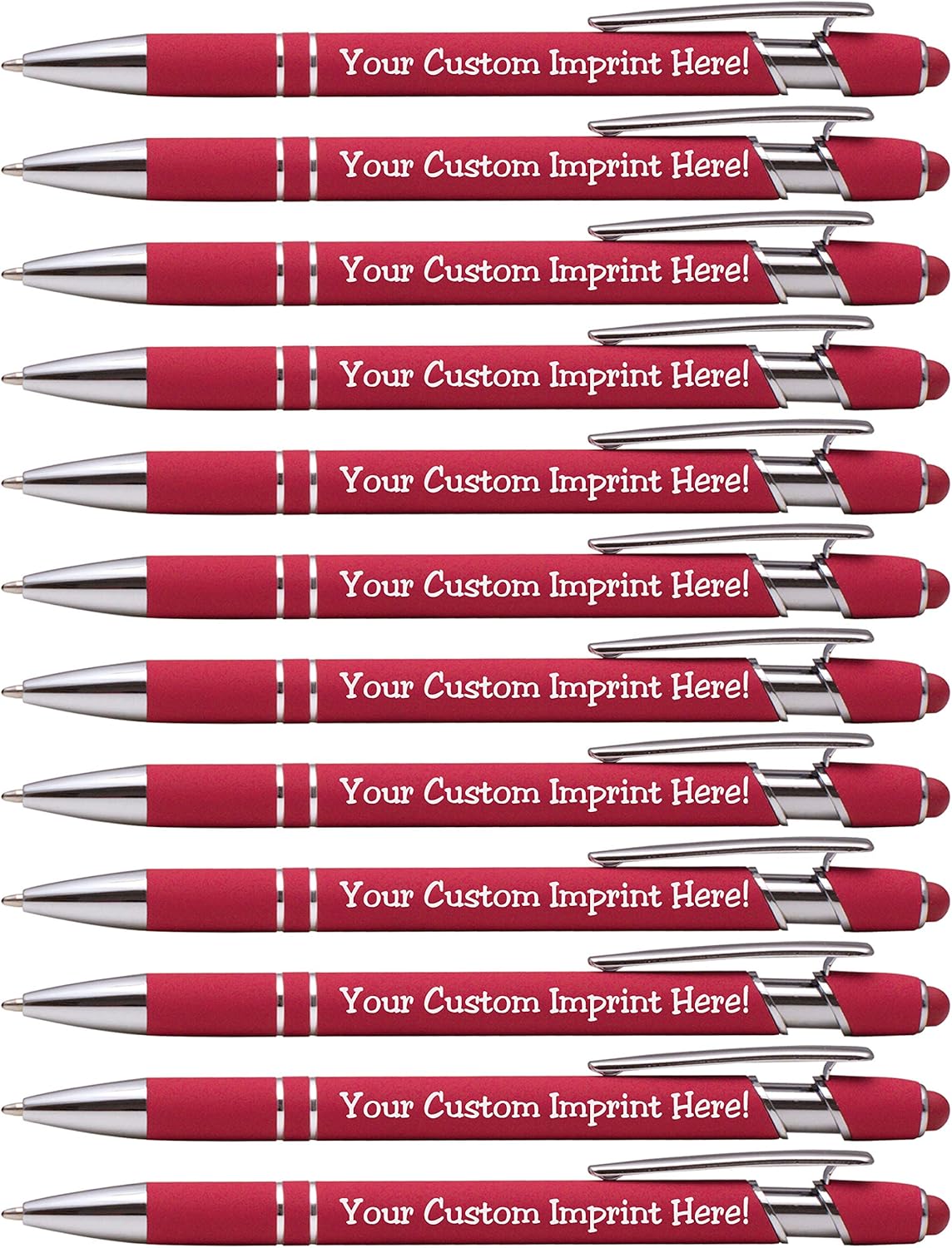ExpressDesigns™ - Premium Custom Pens with Stylus | Burst of Color | Personalized Soft-Touch Metal Printed Name Pens w/Black Ink - Imprinted w/Logo or Message - 12 pcs/pack (Red)