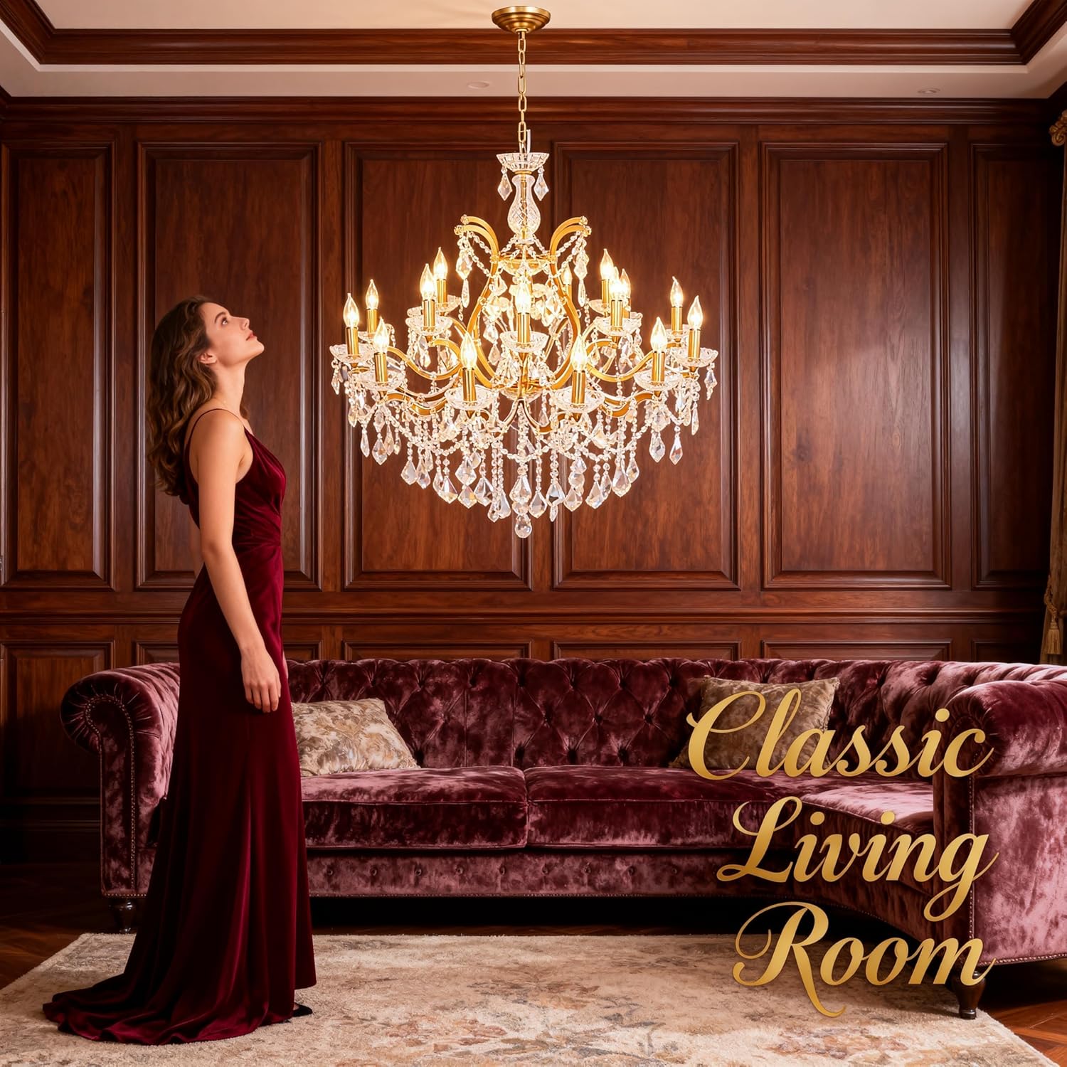 Antique Gold Crystal Chandeliers, Polished Golden Bronze Farmhouse Chandeliers 18-Light Crystal Candle Chandelier Ceiling Hanging Light Fixture Entrance Foyer Kitchen