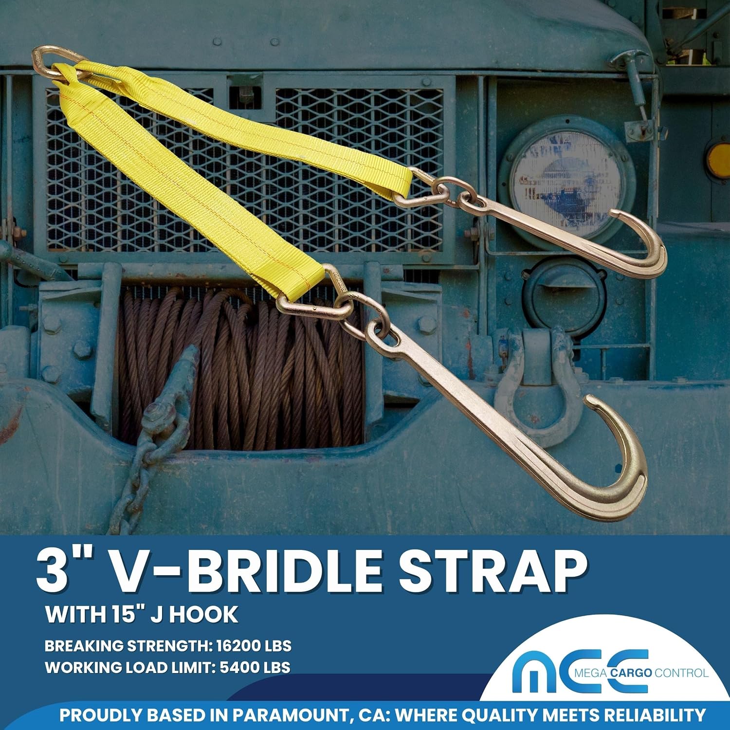 Mega Cargo Control J Hook V Bridle Tow Straps, 3" x 24" with 15" J Hook Straps, 5400 lbs WLL - Towing Recovery for Car Hauler, Wrecker, Rollback - Yellow