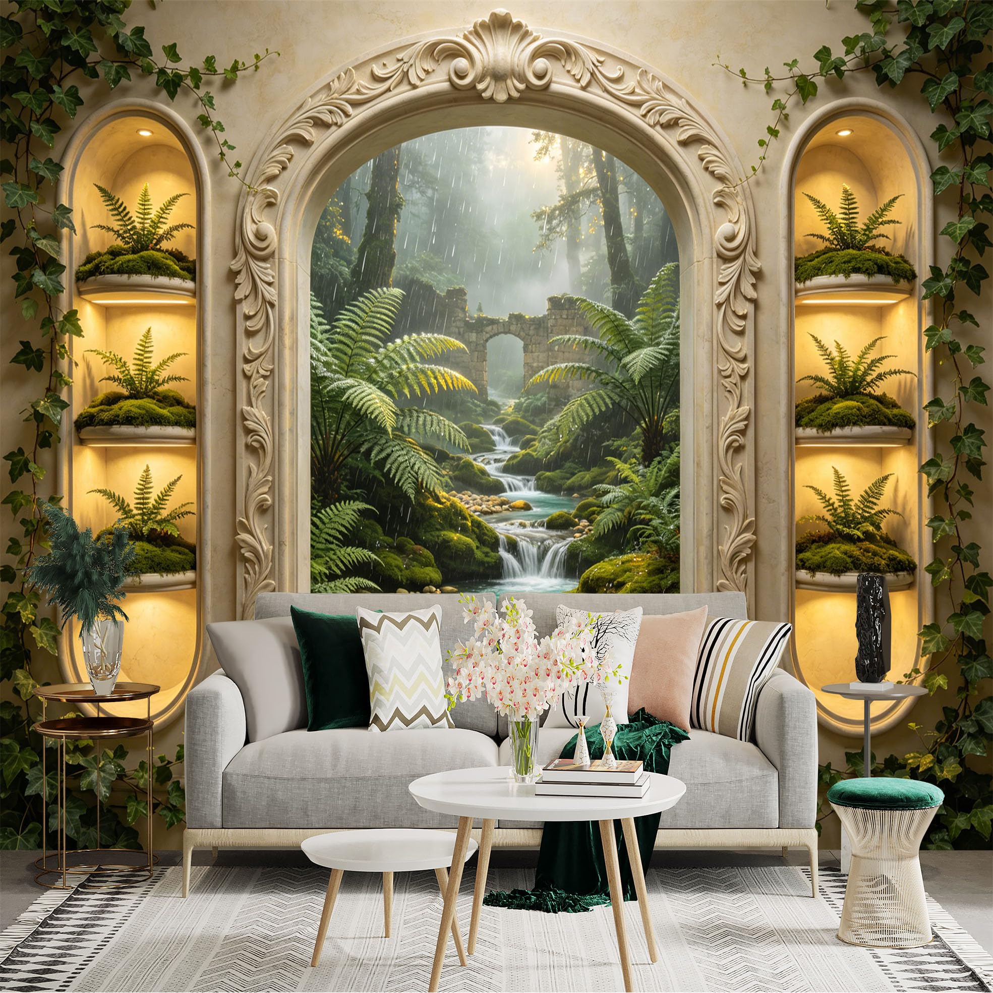 Custom Size Wall Sticker Mural， Tropical Forest Waterfall with Stone Arch and Ferns， for wall Decoration， peelandstick wall Decals.