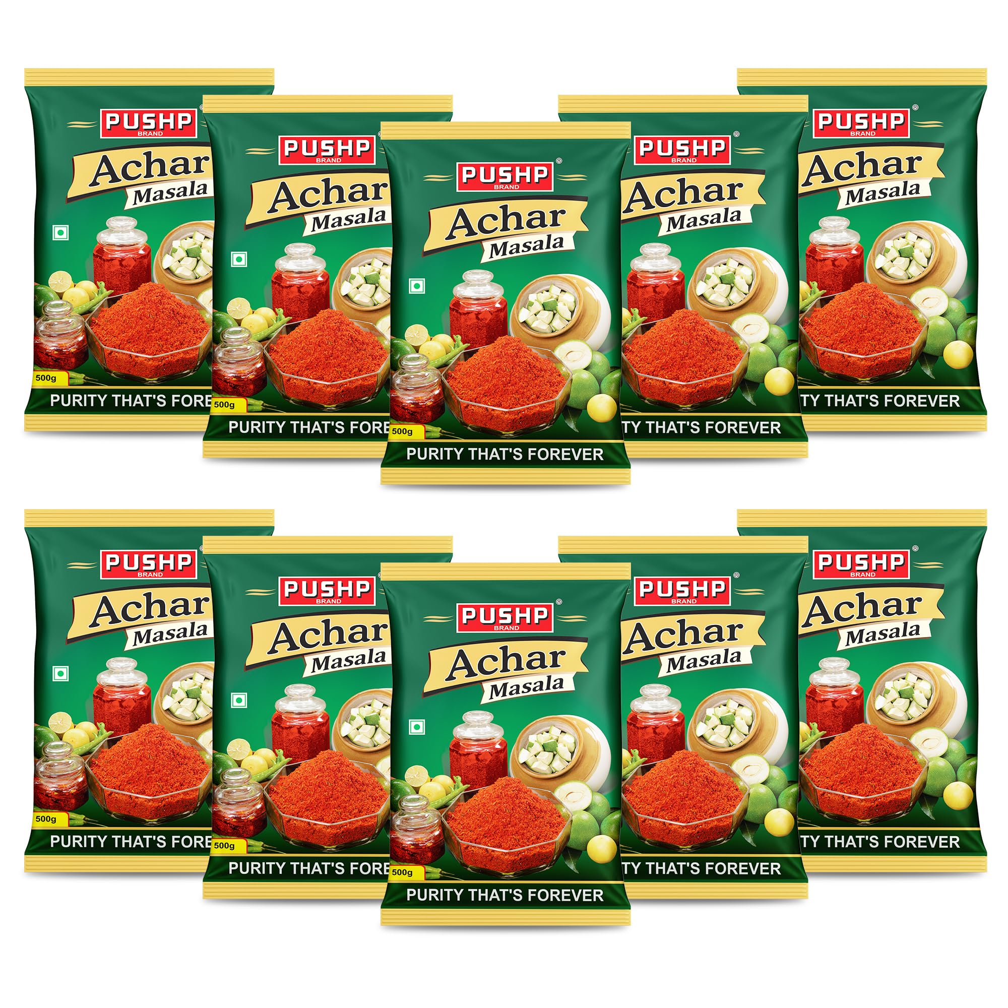 Pushp Brand Achar Masala | 500g | Premium Blend of Traditional Spices | Ready-to-Use Pickle Mix | Authentic Homemade Pickle Masala | No Added Preservatives (Pack of 10)