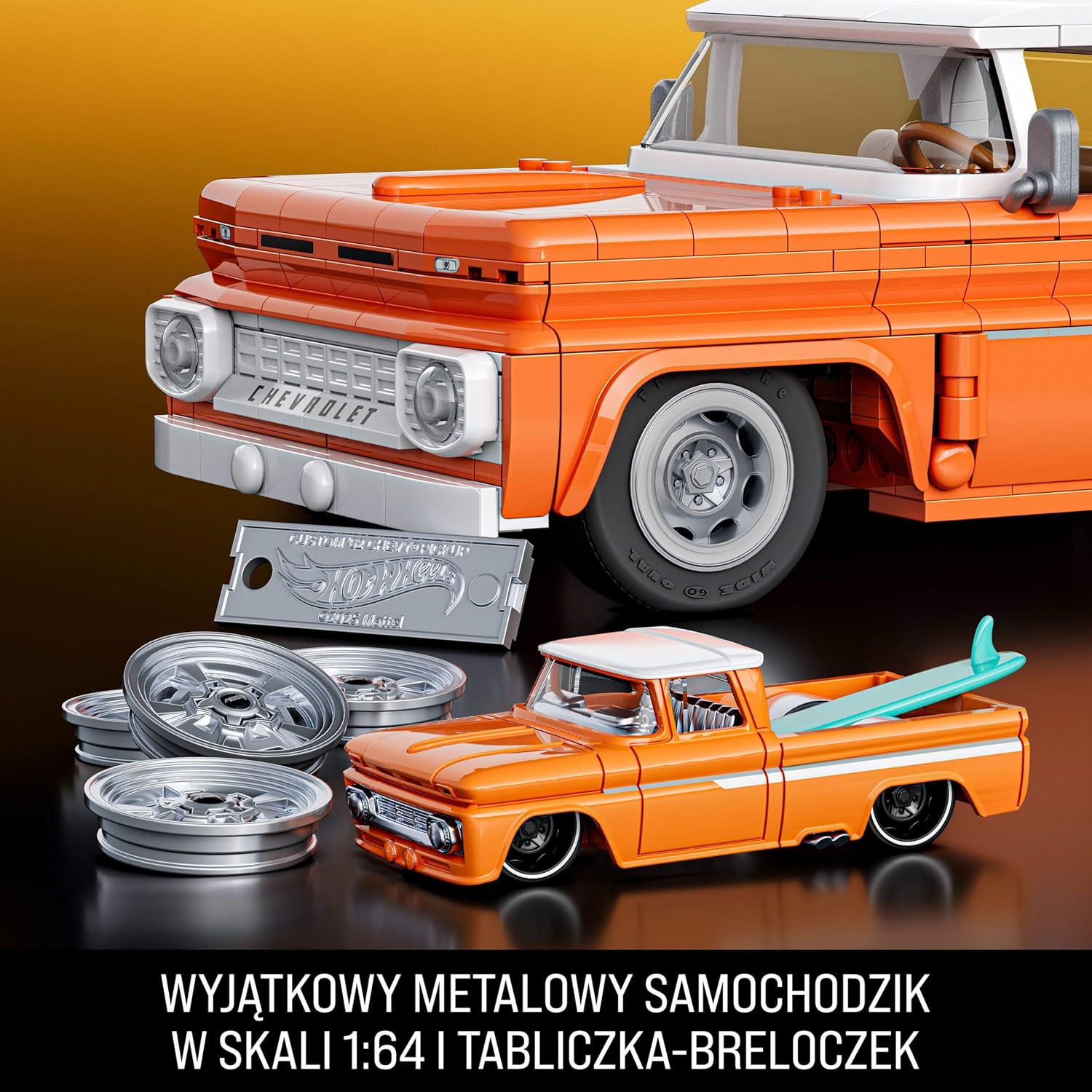 Image showing the 1:64 scale metal Hot Wheels car and the metal keychain plaque.