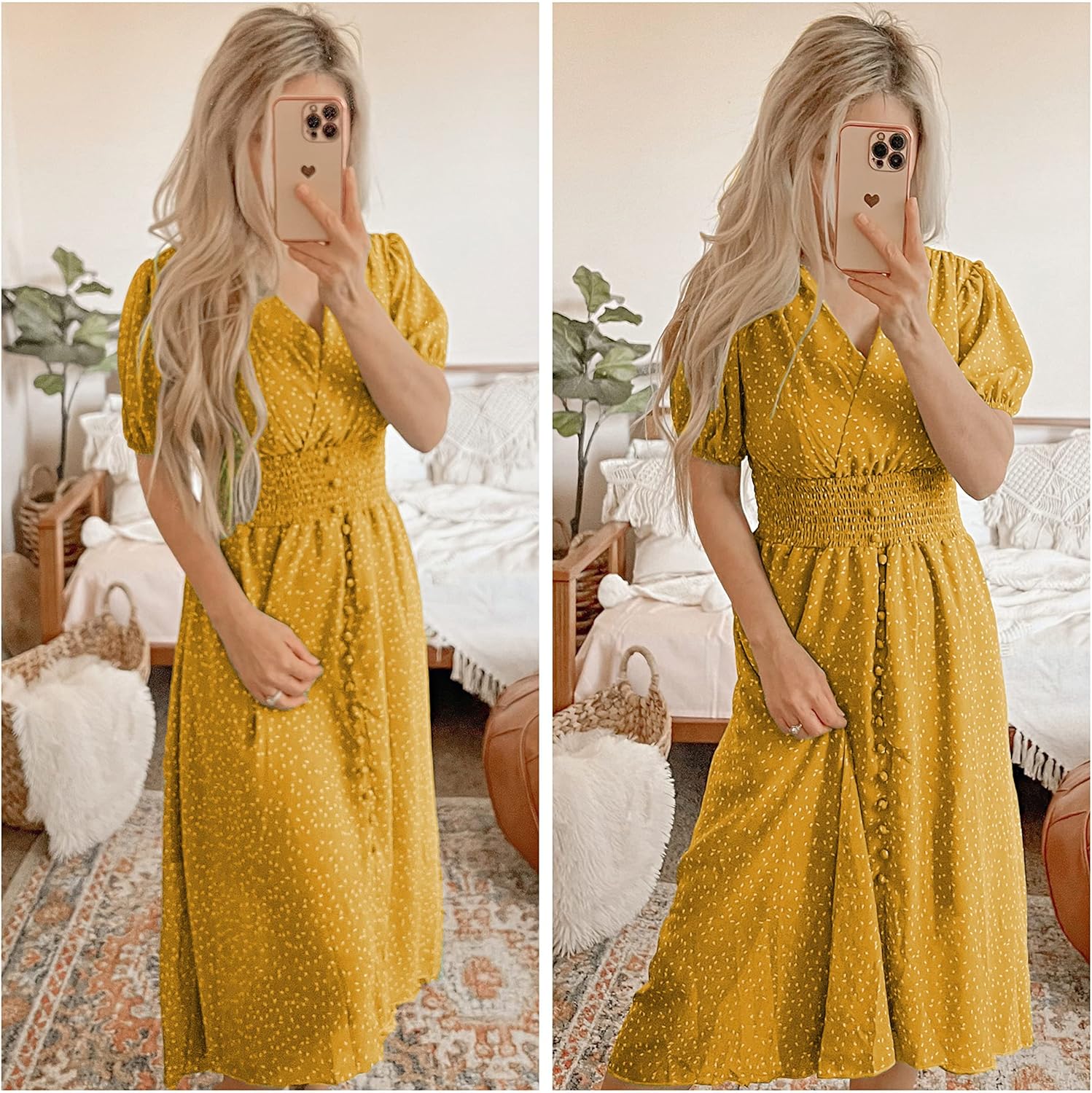 PRETTYGARDEN Women's Floral Wrap V-Neck Midi Dress Short Sleeve Boho Summer Beach Long Dress High Low Hem Smocked Dress Women - Image 6