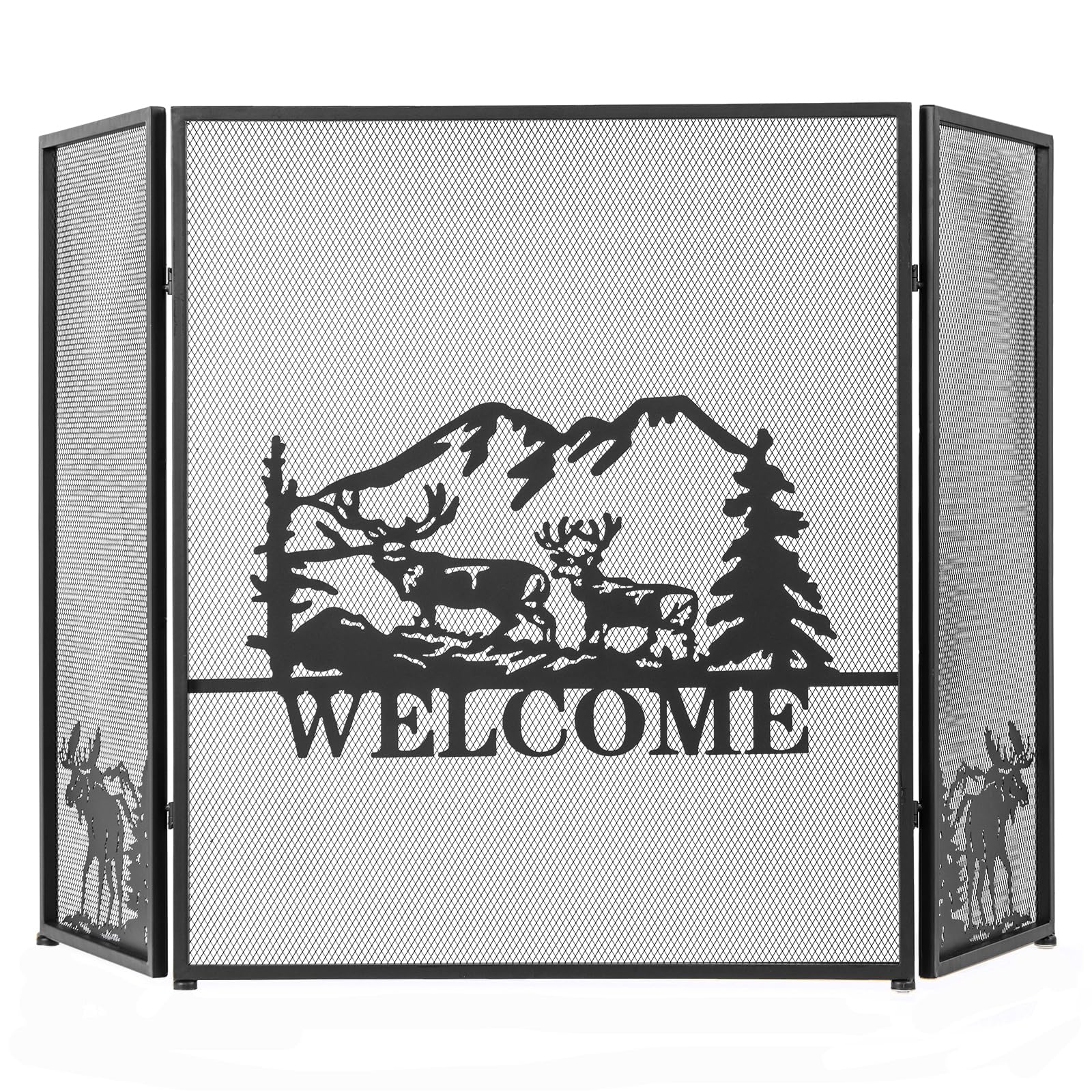 GIANTEX Pantalla de Chimenea Plegable con 3 Paneles, 132 x 79 cm, Salvachispas Chimenea de Metal para Aislamiento de Chispas y Cenizas, Rejilla Protector de Chimenea para Niños y Mascotas (Welcome)