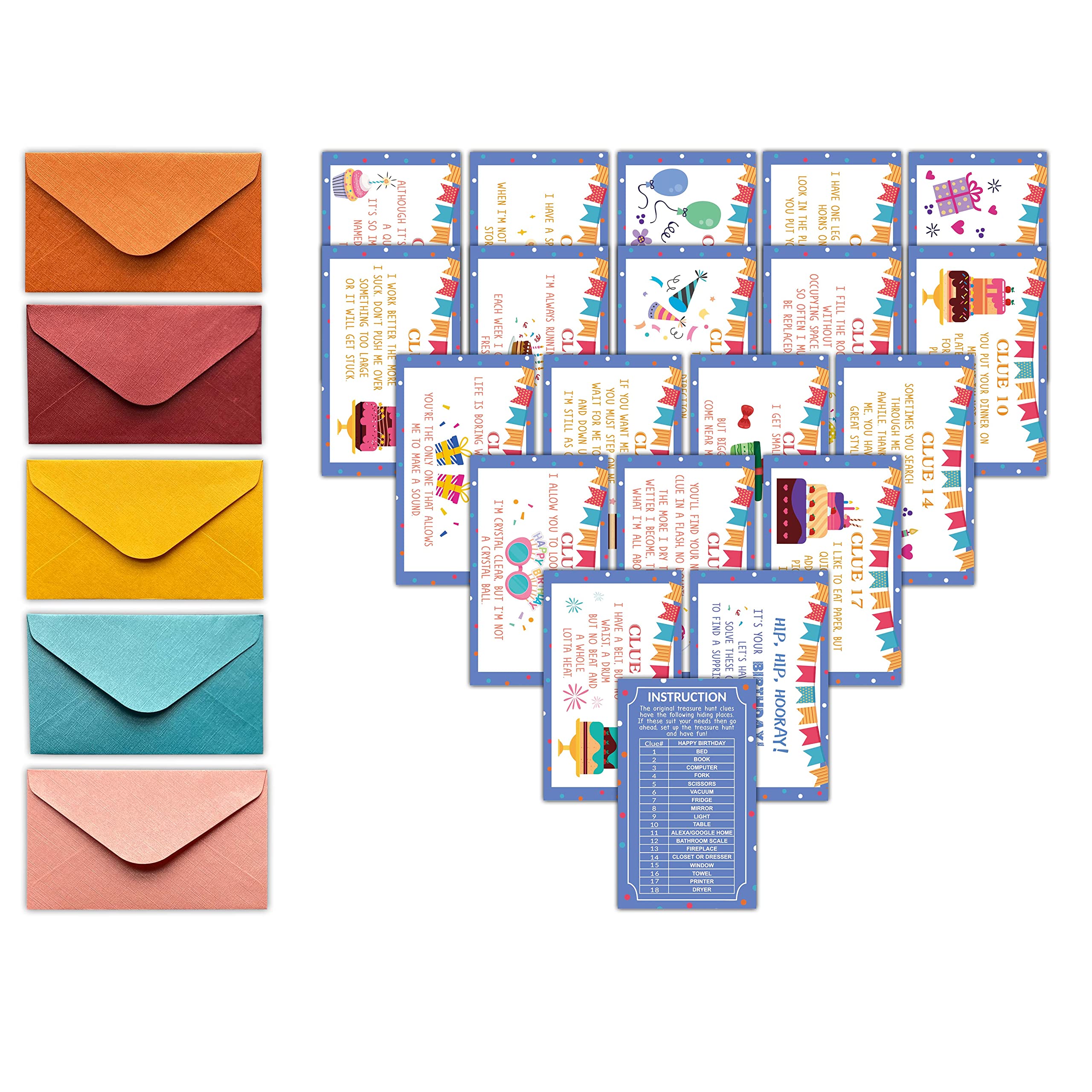 HEZNZXQ Happy Birthday Treasure Hunt Clues Game Cards, Birthday Party Scavenger Hunt Card Game(20 Cards with Colourful Envelopes), Indoor Outdoor Party Game Supply for Adults Family Teacher (A06)