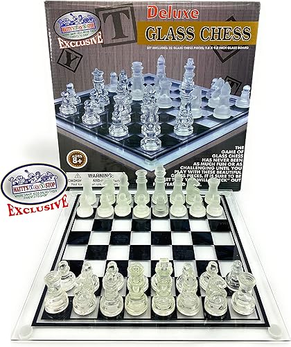 Miniatura 6 de Matty's Toy Stop Juego de ajedrez de vidrio transparente y esmerilado de lujo (10") pequeño